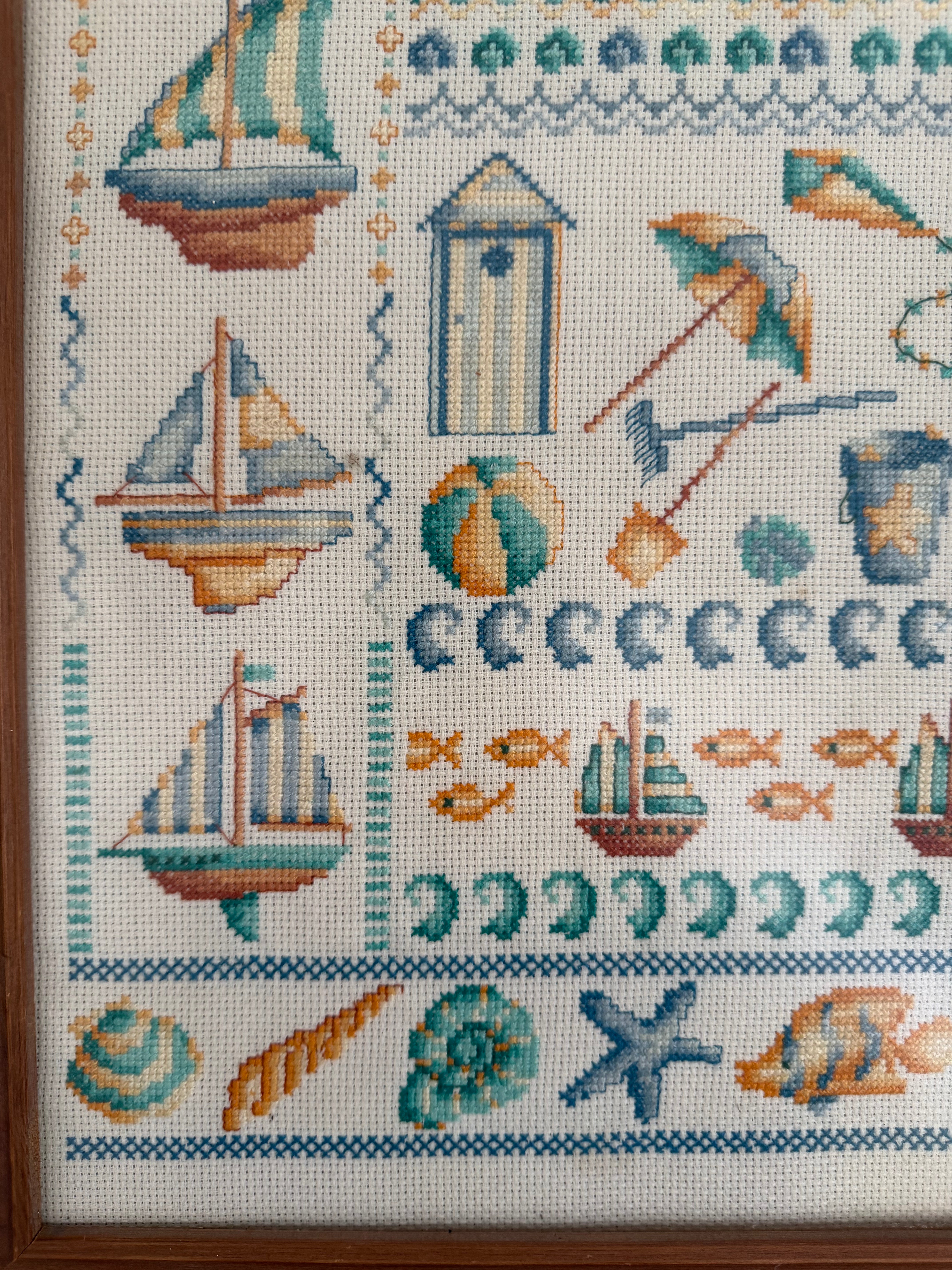 Vintage framed cross stitch beach/seaside sampler