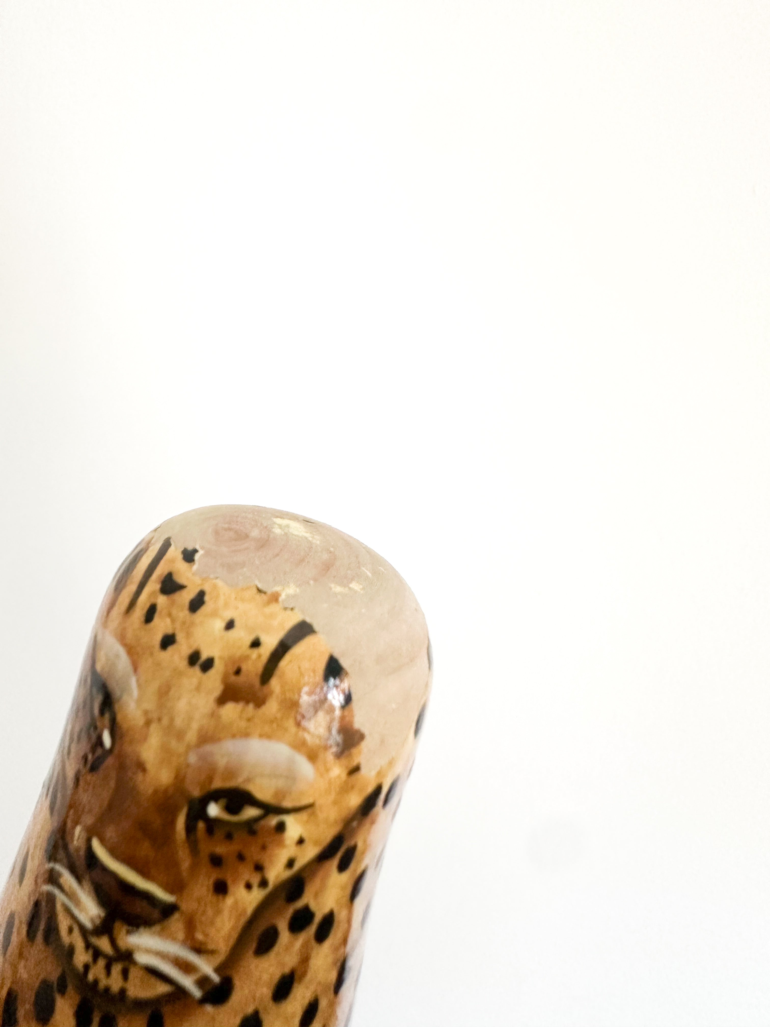 Vintage wooden big cat nesting Russian Matryoshka dolls, lion, tiger, leopard, puma/panther, cheetah