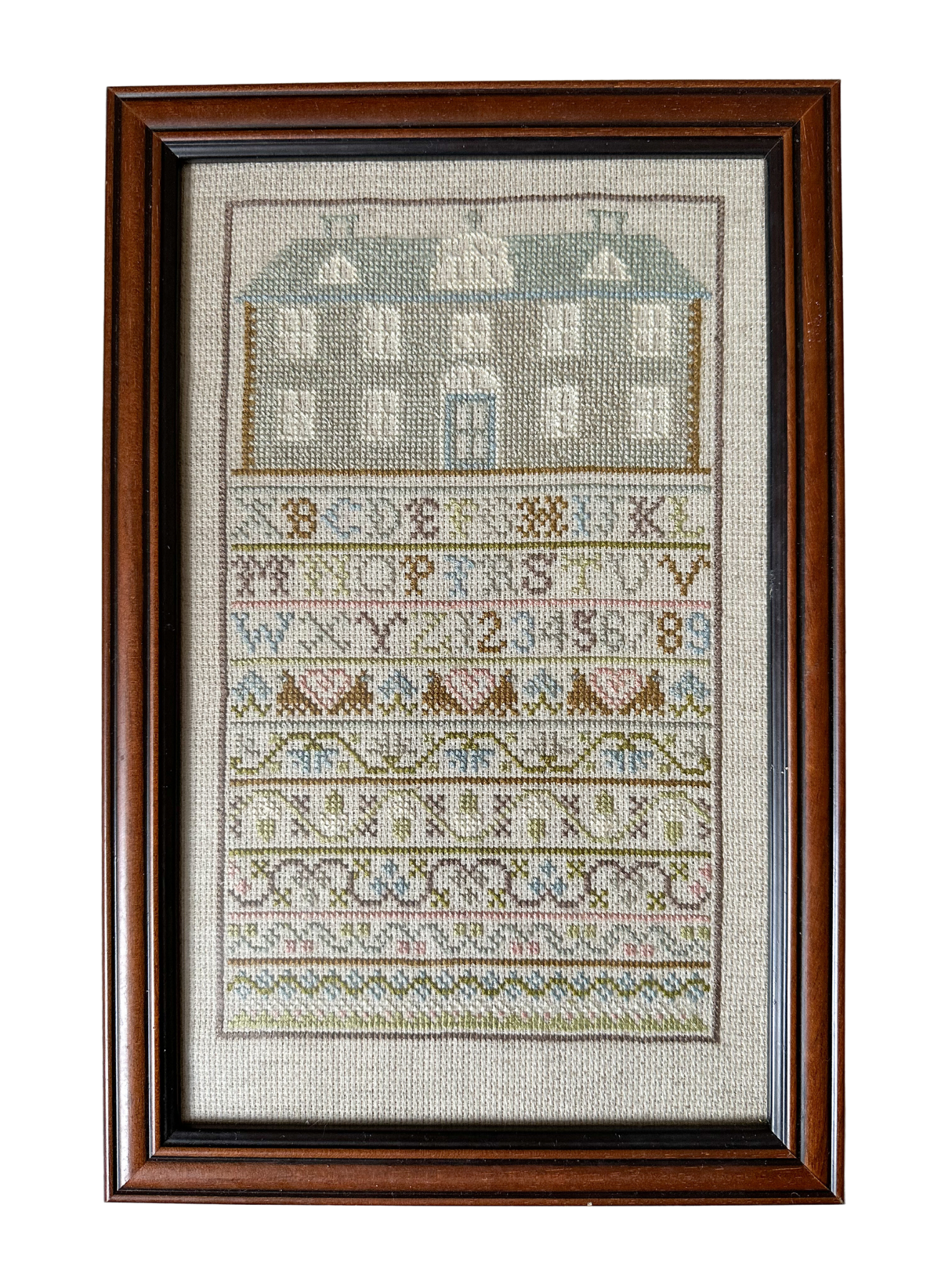 Vintage Alphabet ABC and Numbers Cross Stitch or Neddlepoint Framed Sampler with House - Moppet