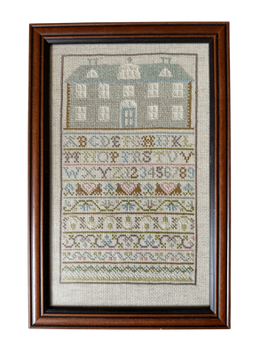 Vintage Alphabet ABC and Numbers Cross Stitch or Neddlepoint Framed Sampler with House - Moppet