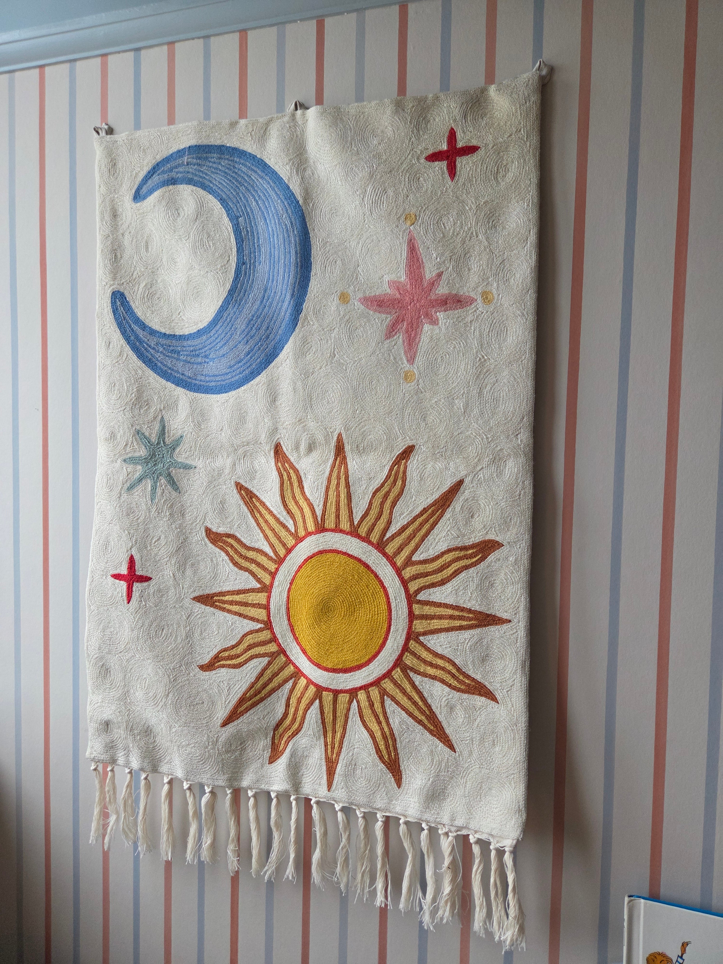 Handmade folk art Celestial Sphere (Sun & Moon) crewel wall hanging tapestry | Aru | PREORDER - Moppet