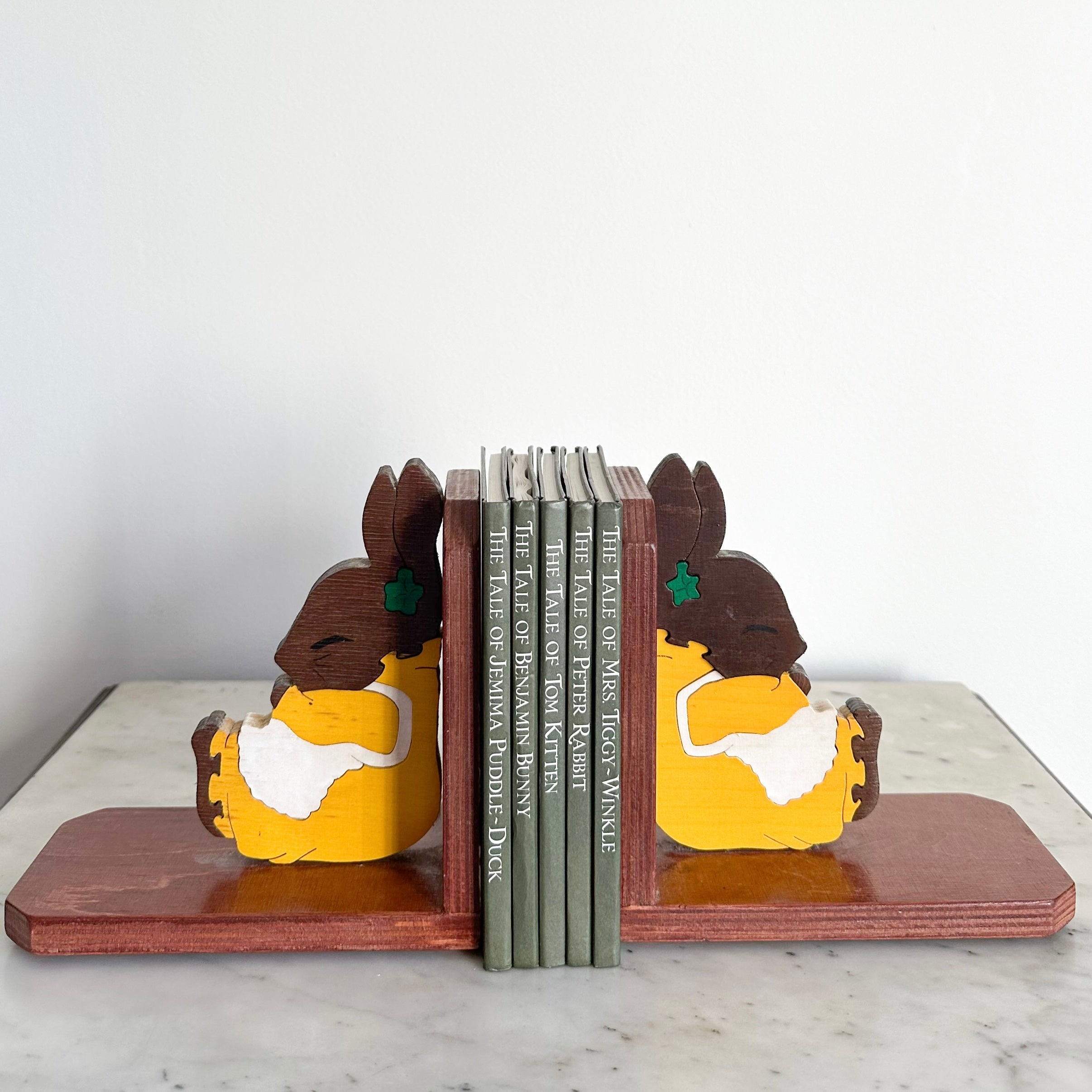 Pair of vintage handpainted wooden bunny rabbit puzzle bookends