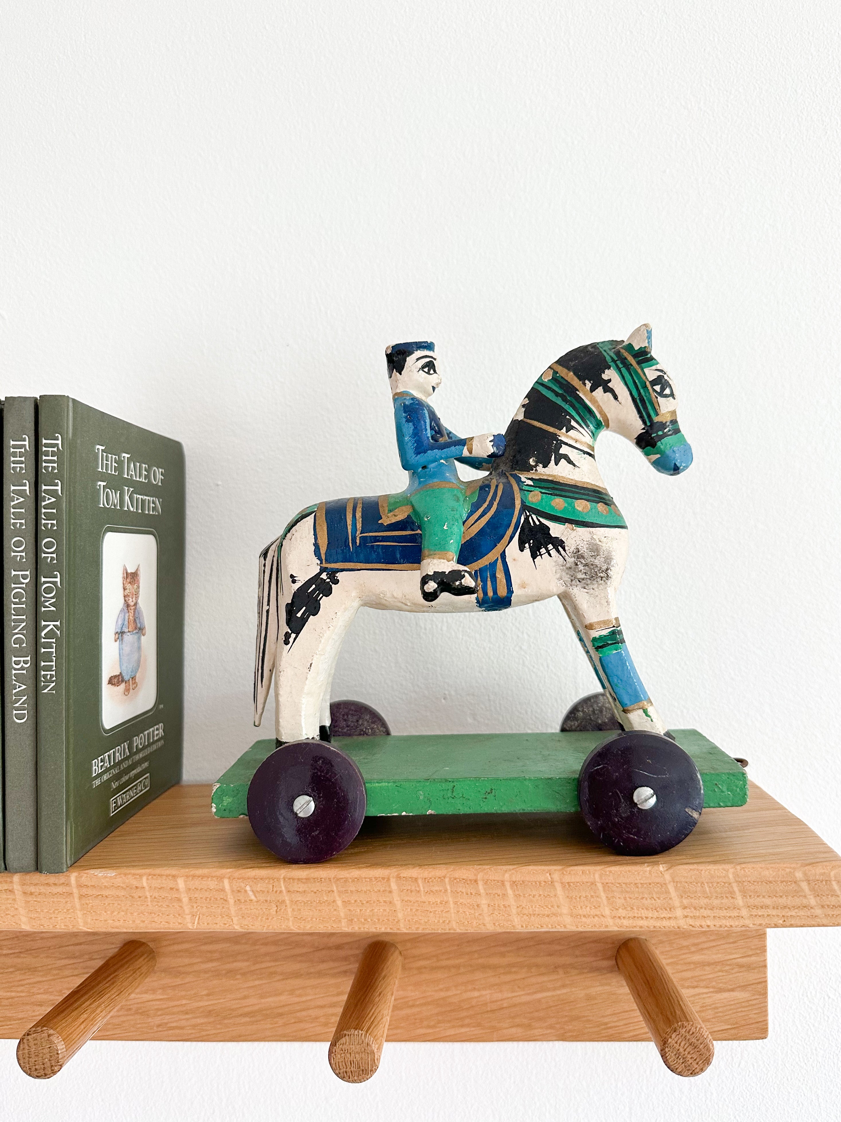 Vintage Indian wooden folk art pull-along horse with rider - Moppet