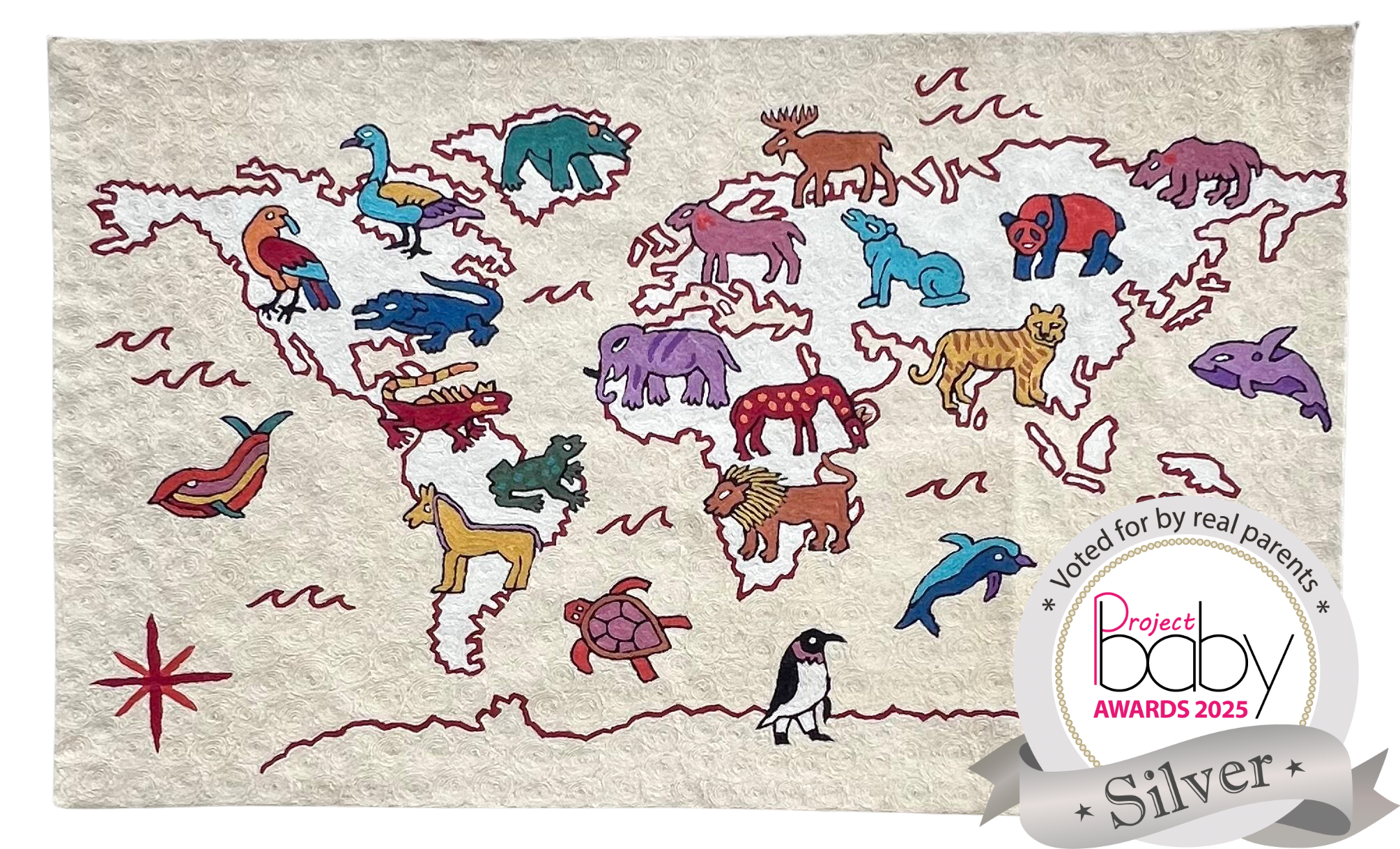 Handmade folk art World Map crewel kids’ wall hanging tapestry | Nishat - Moppet