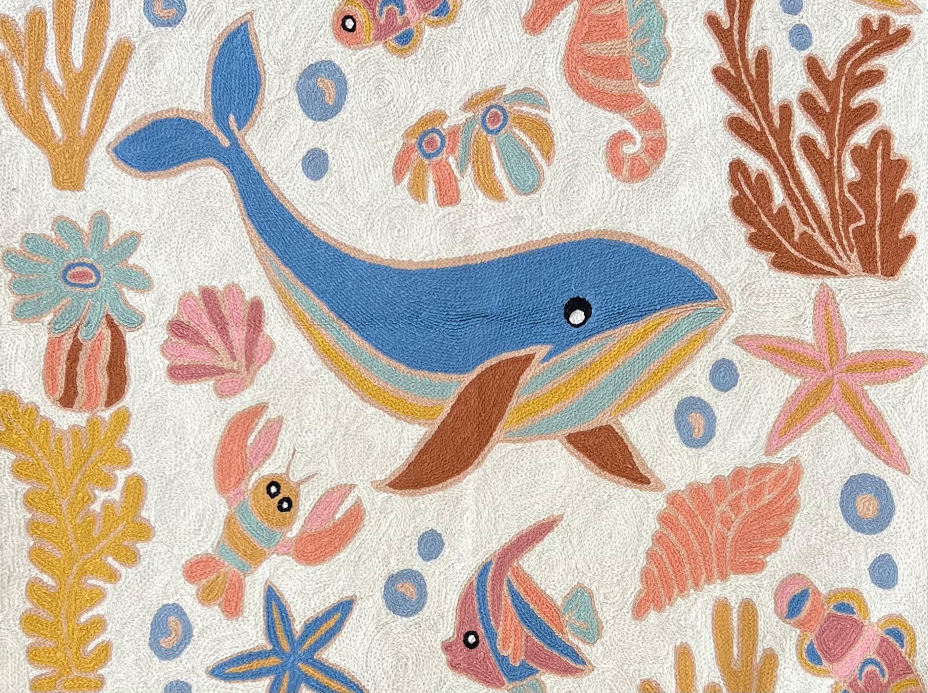 Handmade folk art Ocean crewel wall hanging tapestry | Aru - Moppet