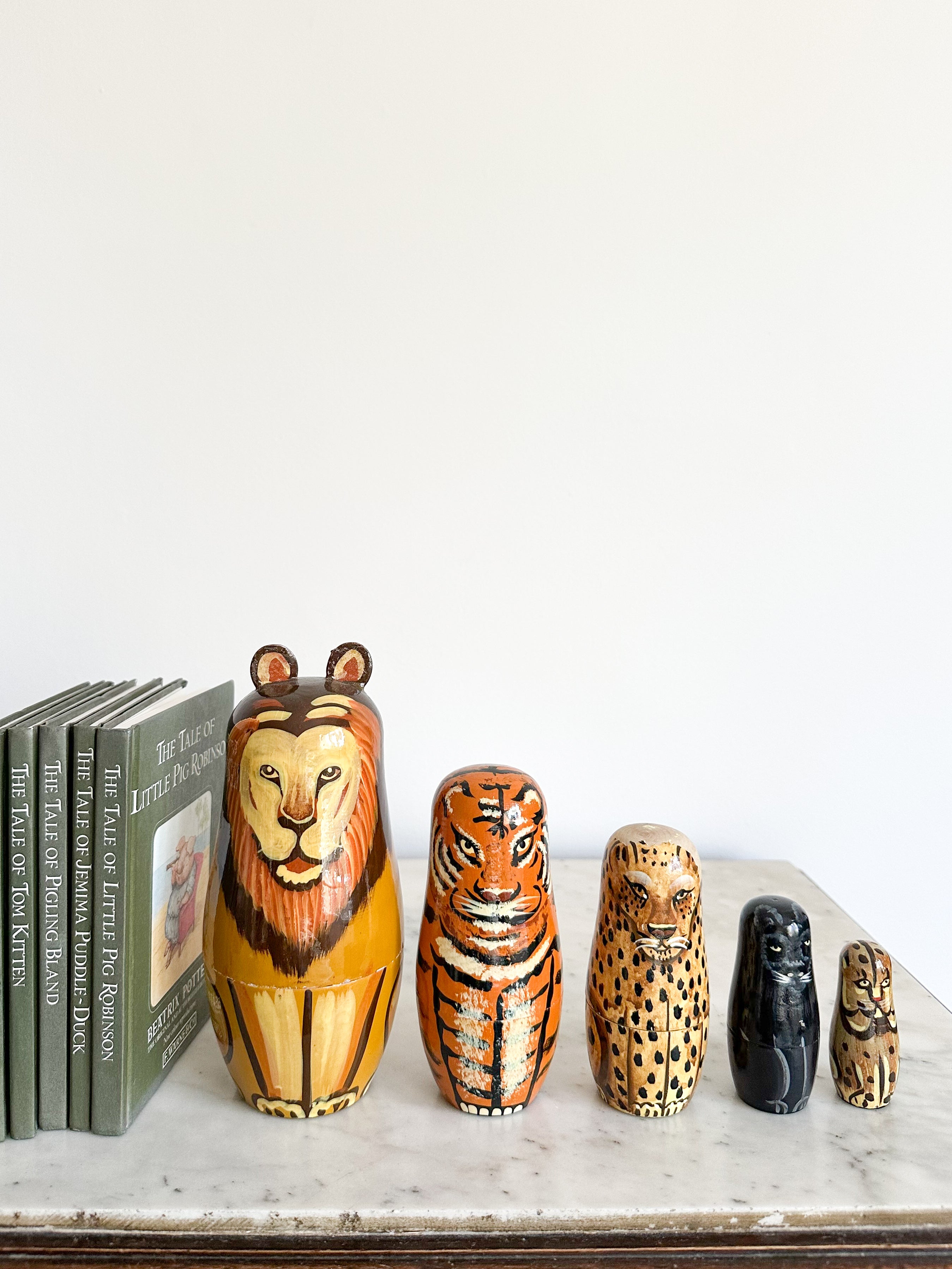 Vintage wooden big cat nesting Russian Matryoshka dolls, lion, tiger, leopard, puma/panther, cheetah