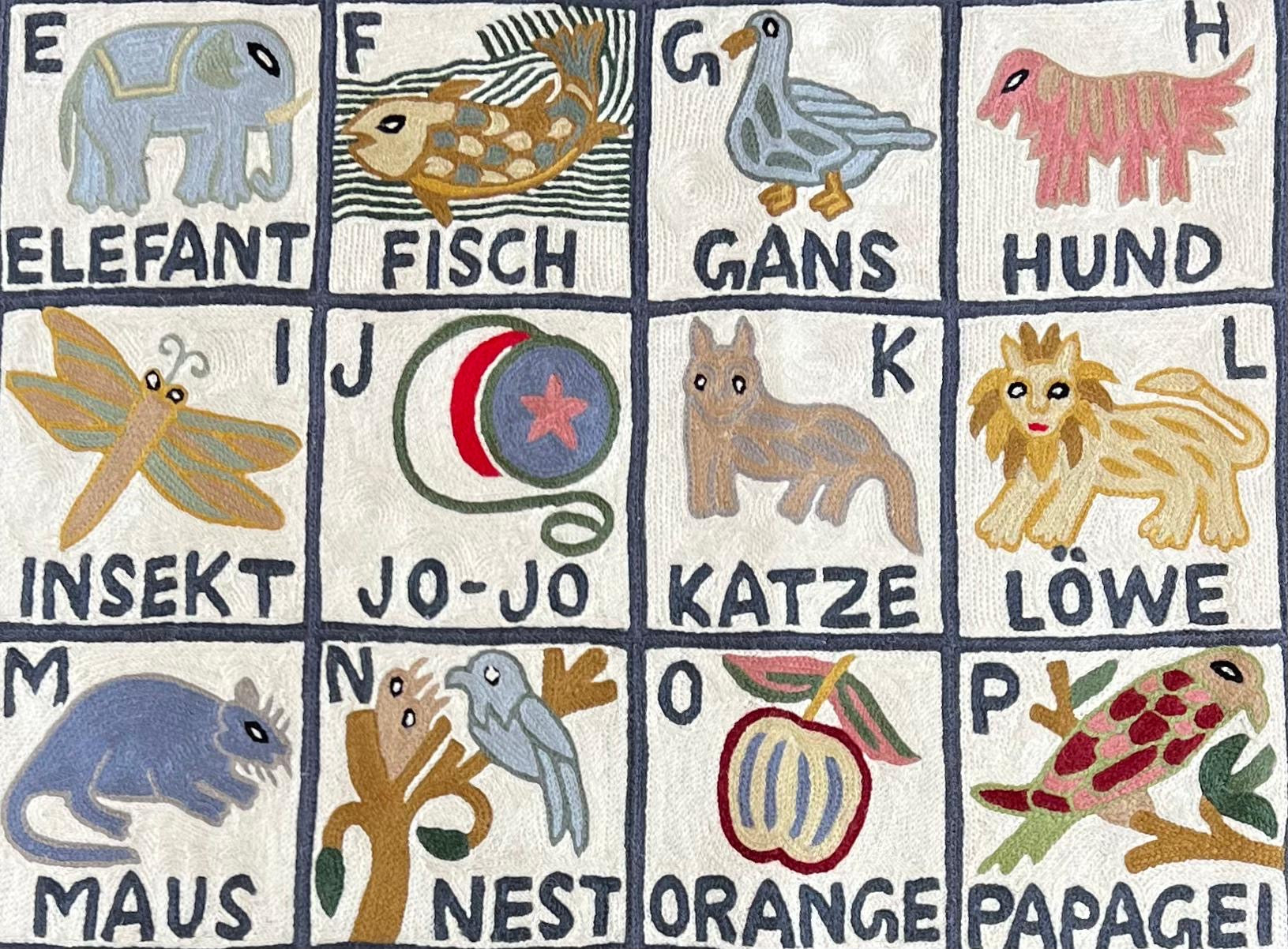 Handmade German alphabet ABC (das deutsche Alphabet) crewel wall hanging tapestry | Sumbal - Moppet