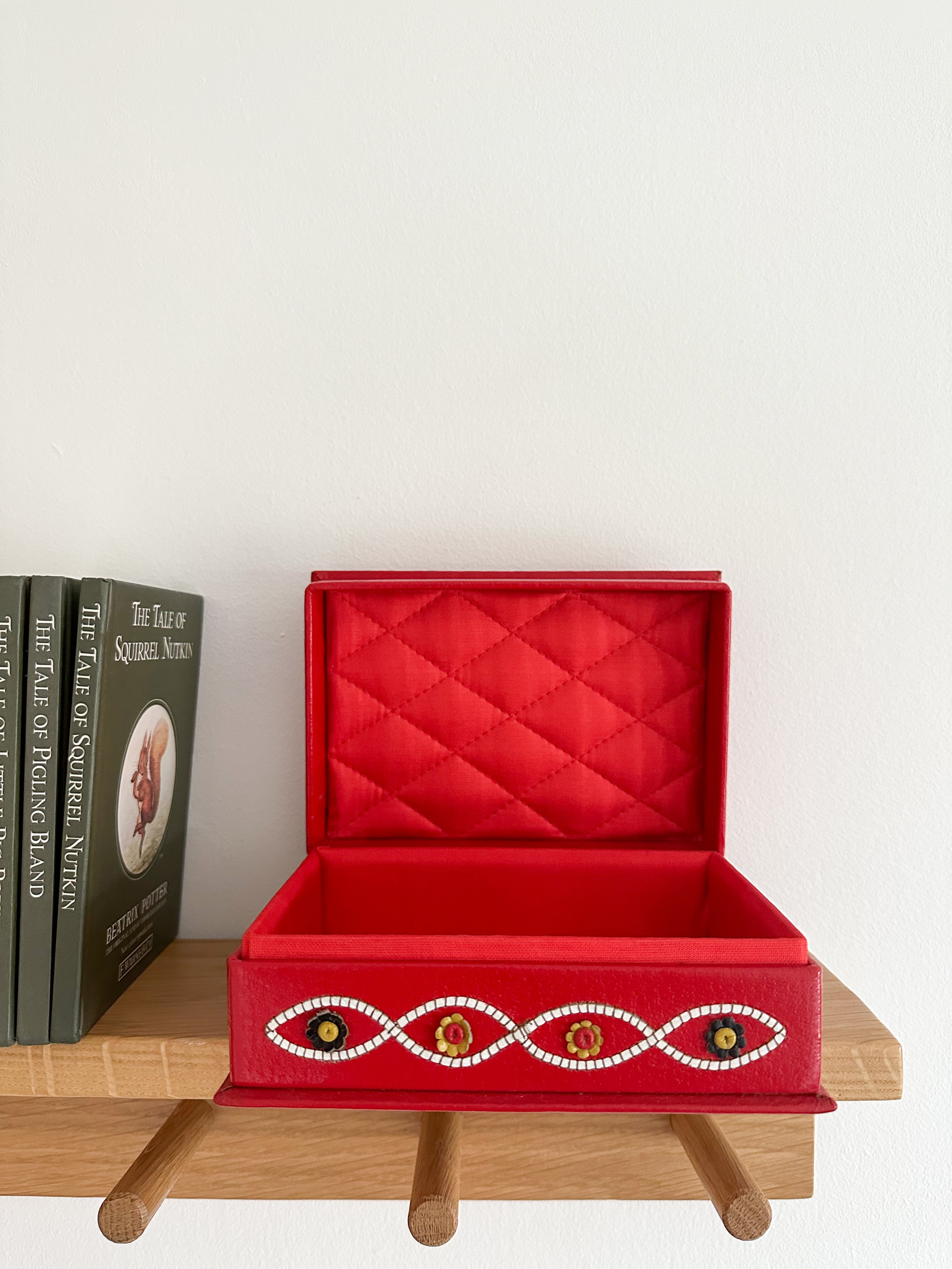 Vintage 1980s red leather embroidered jewellery/treasure box - Moppet