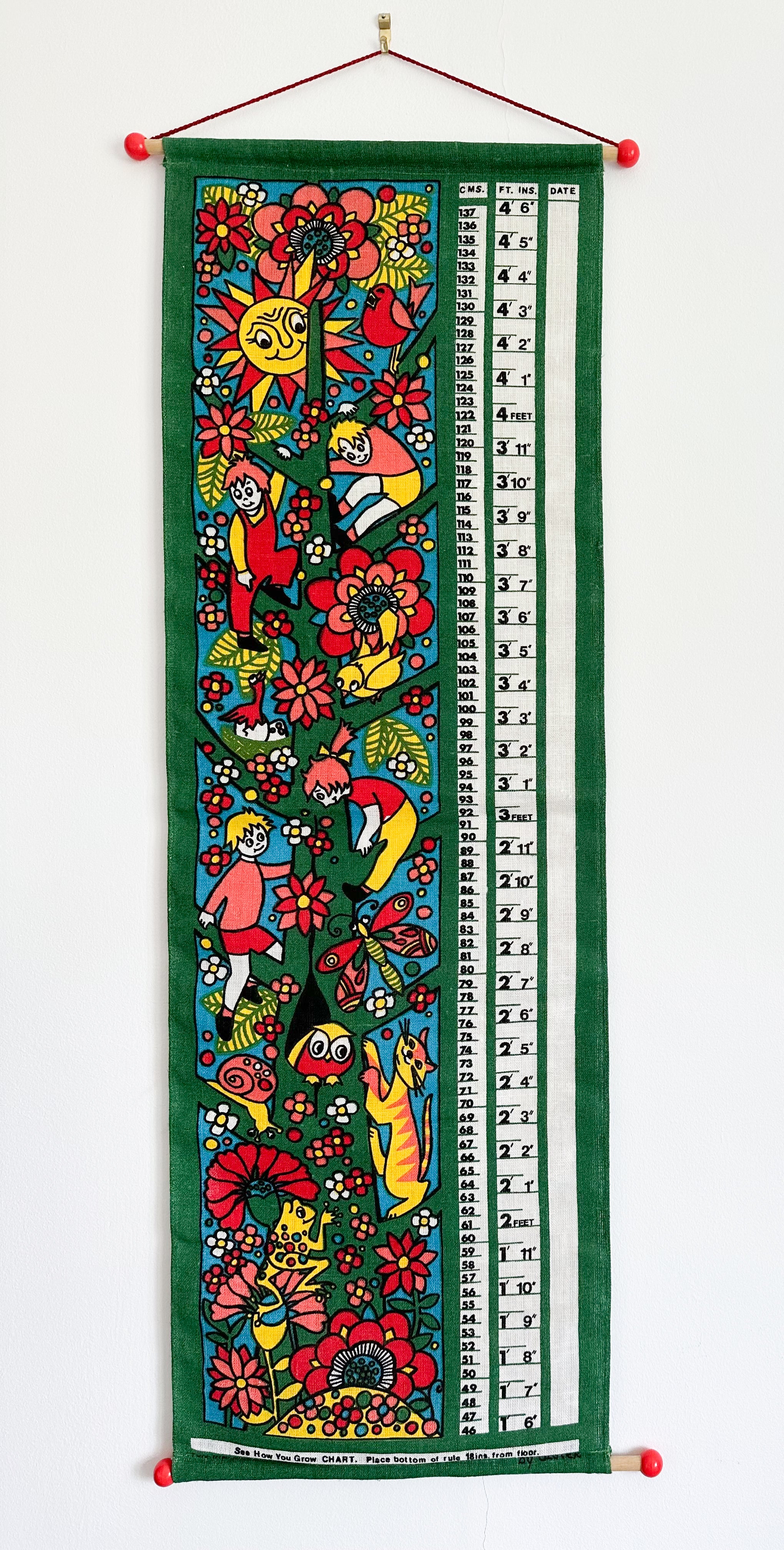 Vintage 1970s ‘See How You Grow’ beanstalk/tree themed hand-printed fabric/linen height chart / growth chart, by Ulster Linen - Moppet