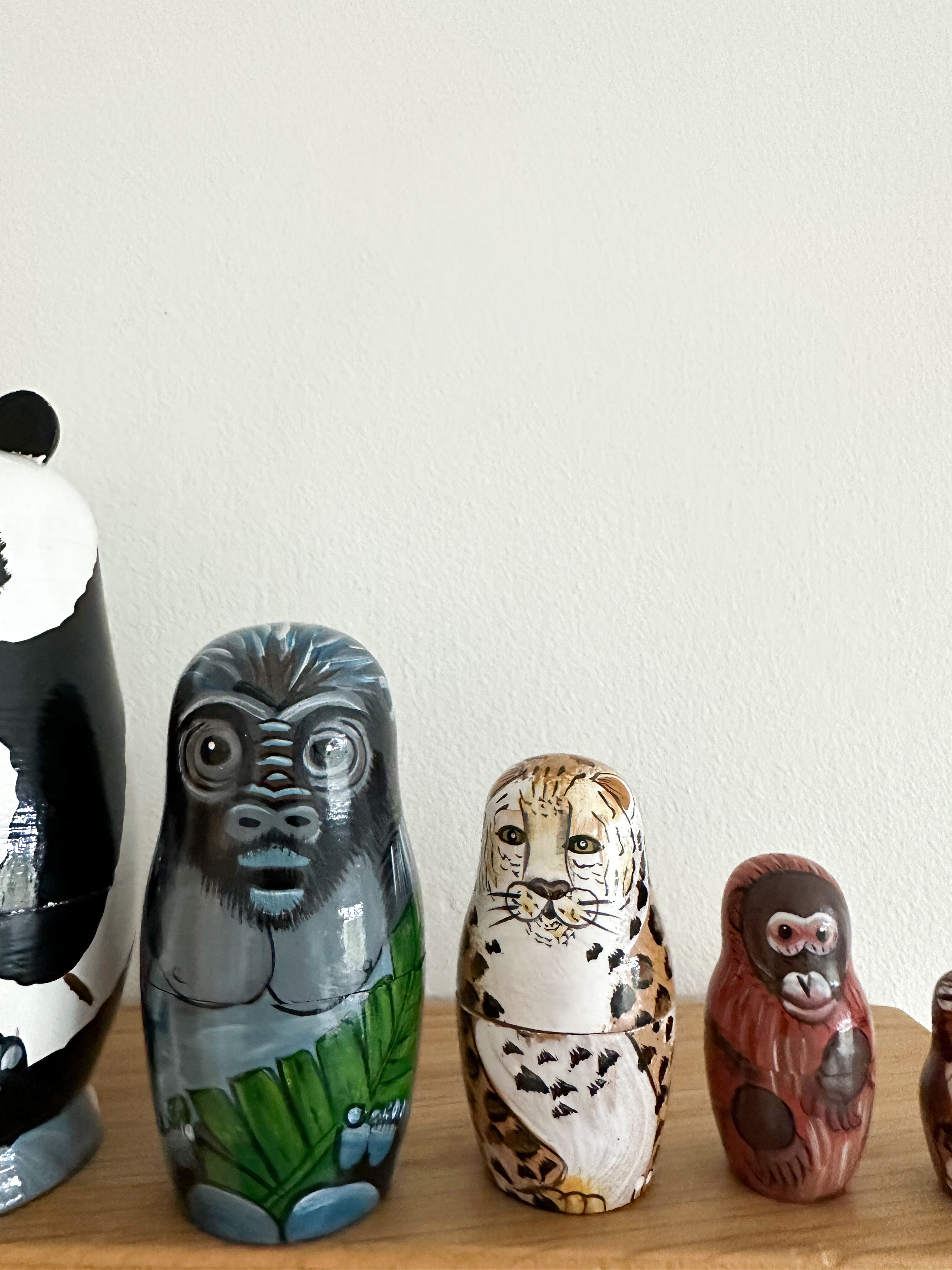 Vintage wooden nesting animal ‘Russian’ dolls: panda, gorilla, jaguar/leopard, orangutan, beaver - Moppet