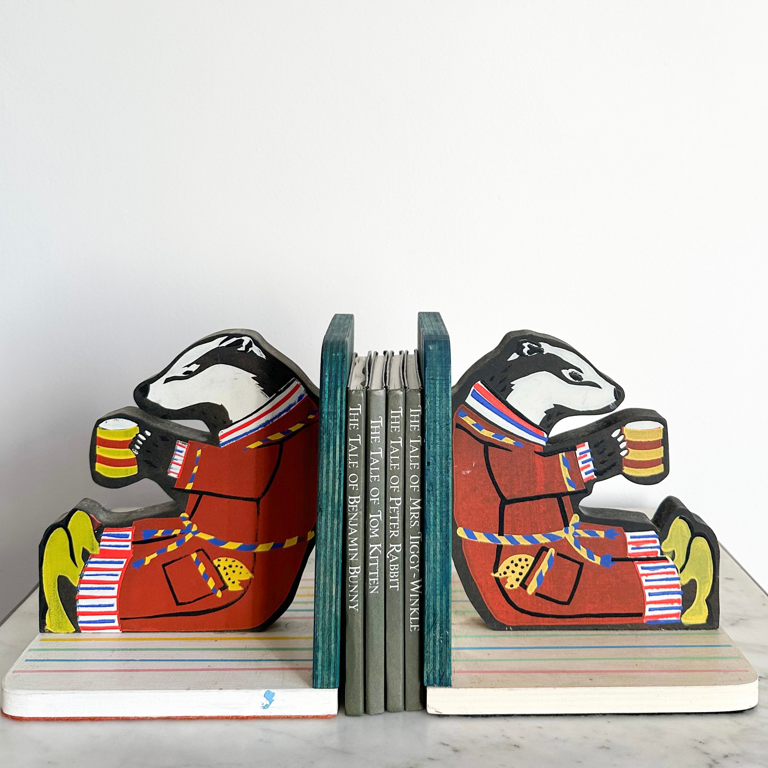 Pair of vintage handpainted wooden badger bookends