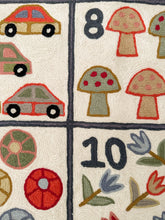 Load image into Gallery viewer, *NEW* Handmade numbers 123 crewel wall hanging tapestry (feat. dinosaurs, unicorns, flowers, cars, trains and rainbows) | Sumbal - Moppet
