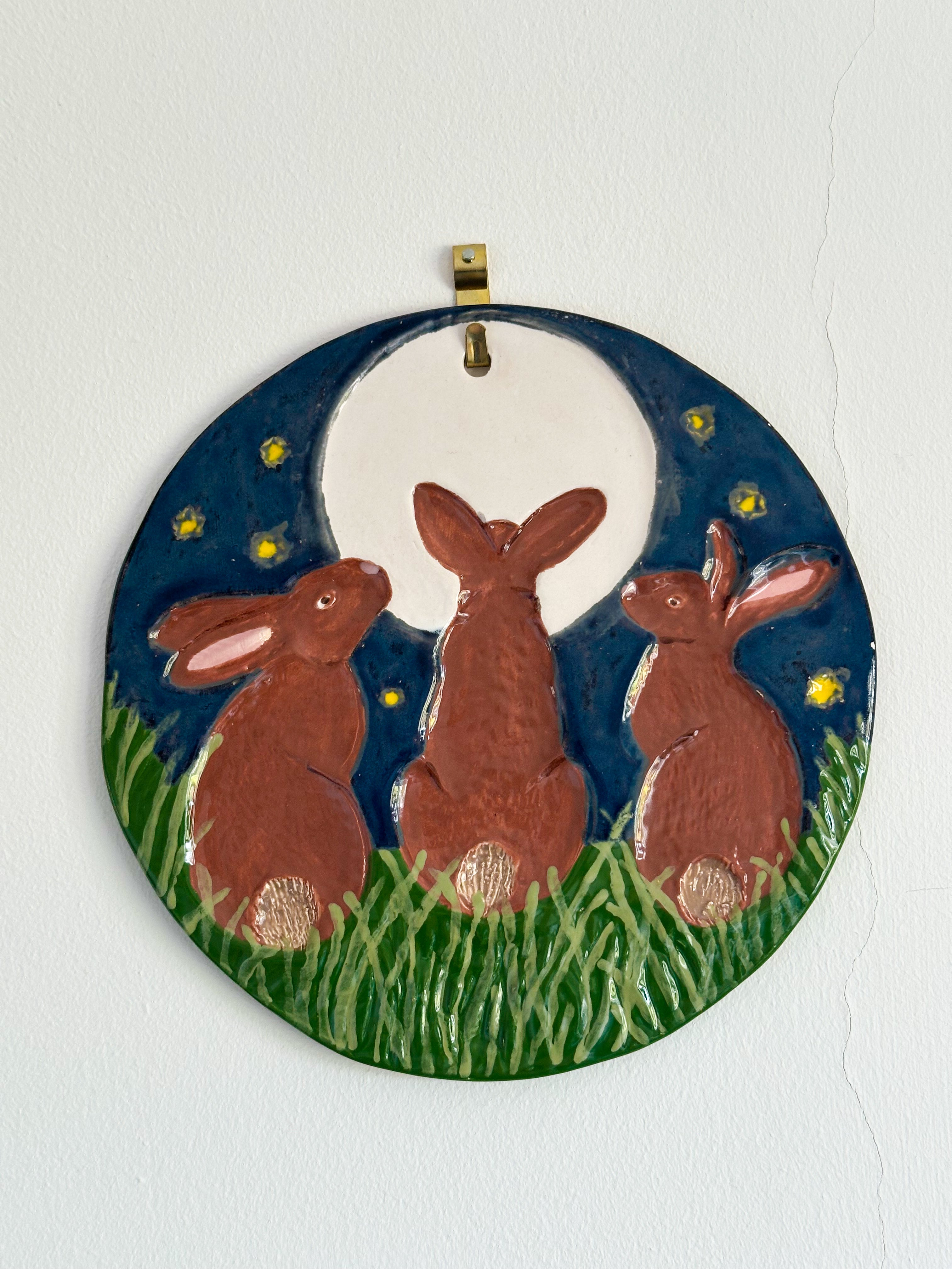 Vintage handmade rabbit/bunny/hare and moon ceramic wall plaque