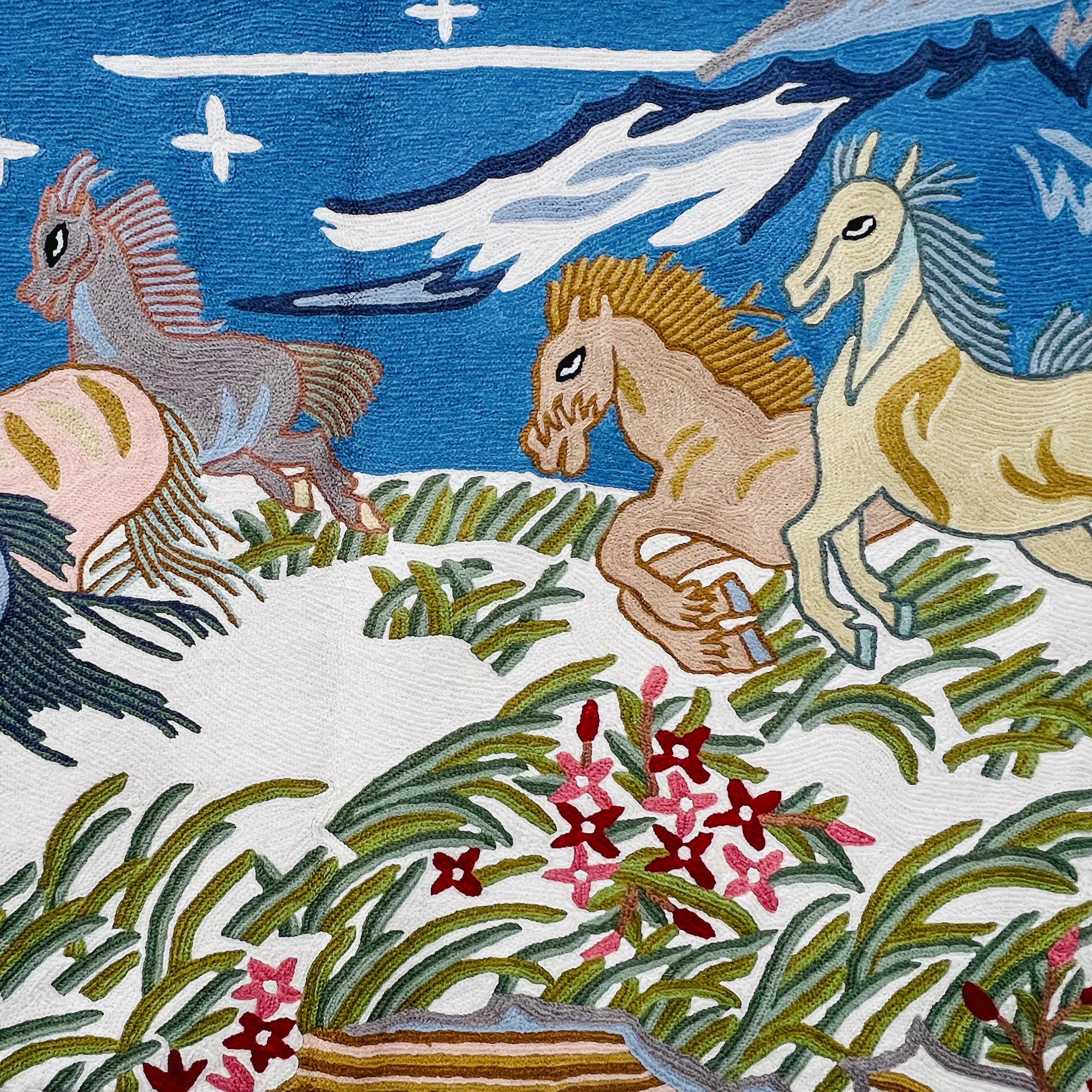 Handmade folk art Wild Horses crewel wall hanging tapestry | Takiya - Moppet