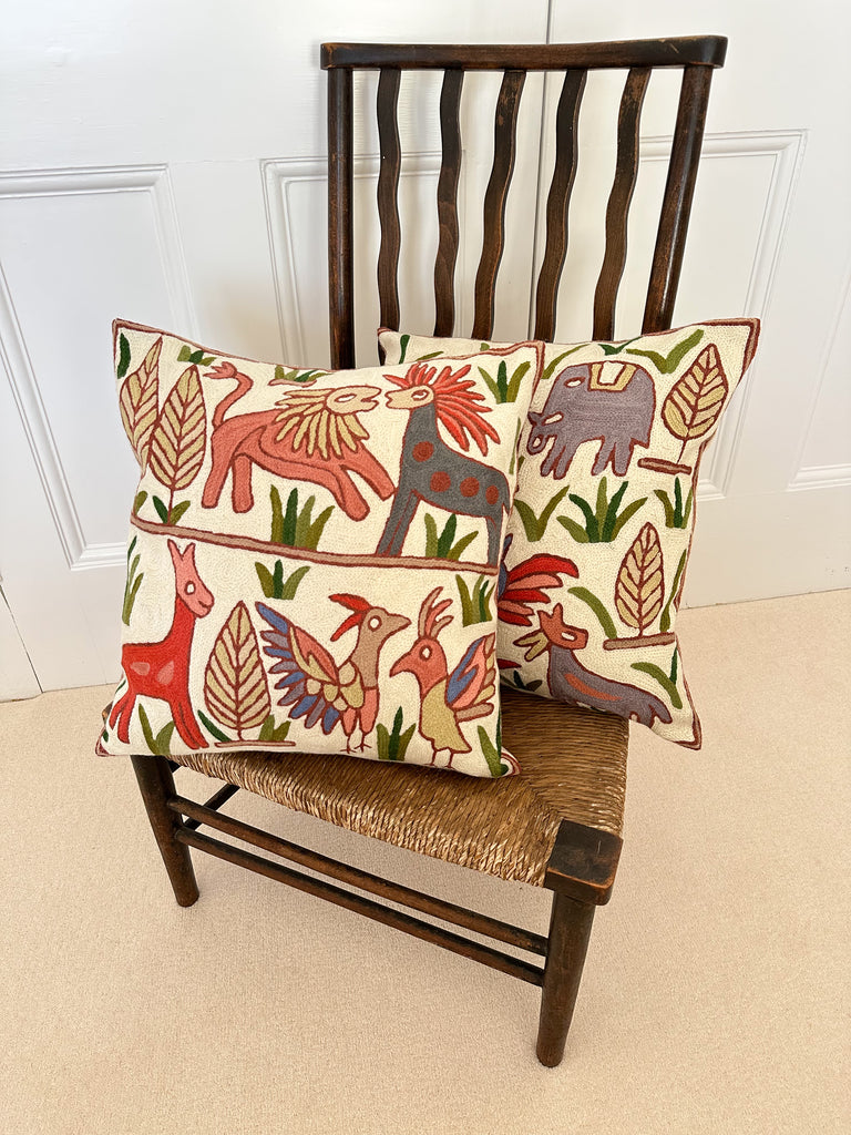 Handmade crewel embroidered cushion cover | Tulian jungle animal safari - Moppet