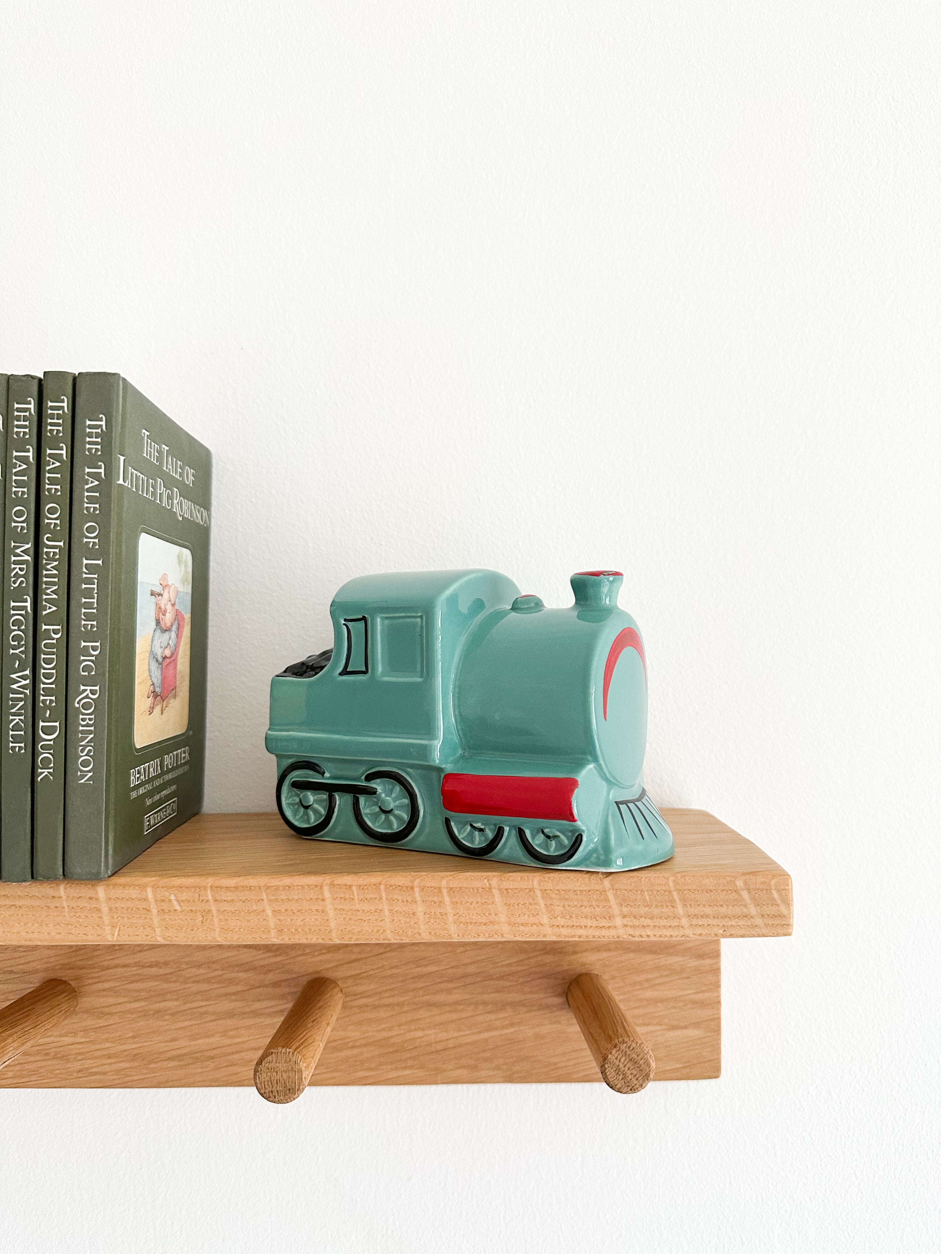 Vintage ceramic train piggy bank or money box, in turquoise and red, by Crown Devon England - Moppet