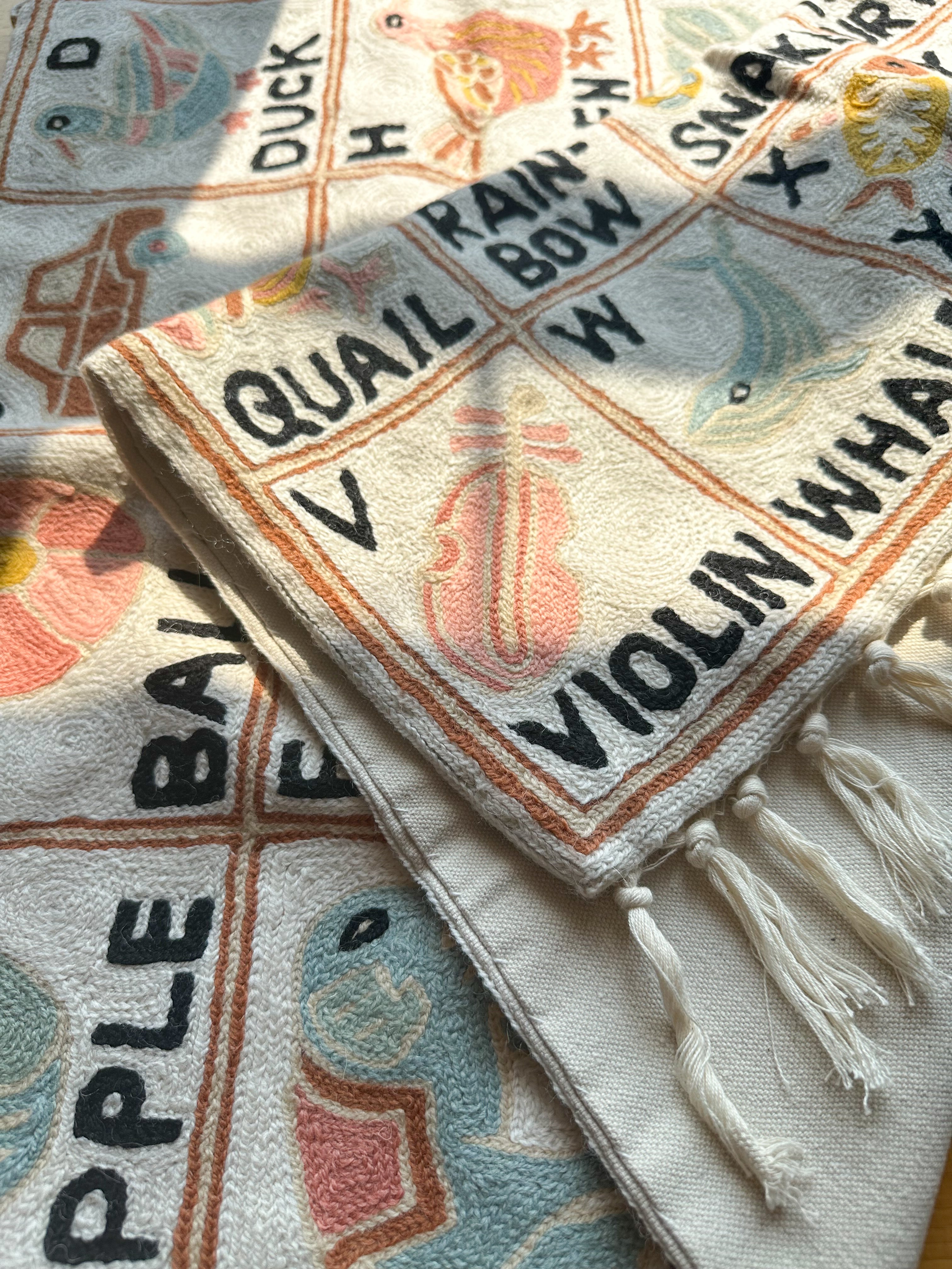 Handmade alphabet ABC crewel wall hanging tapestry  |  Aru (landscape) - Moppet