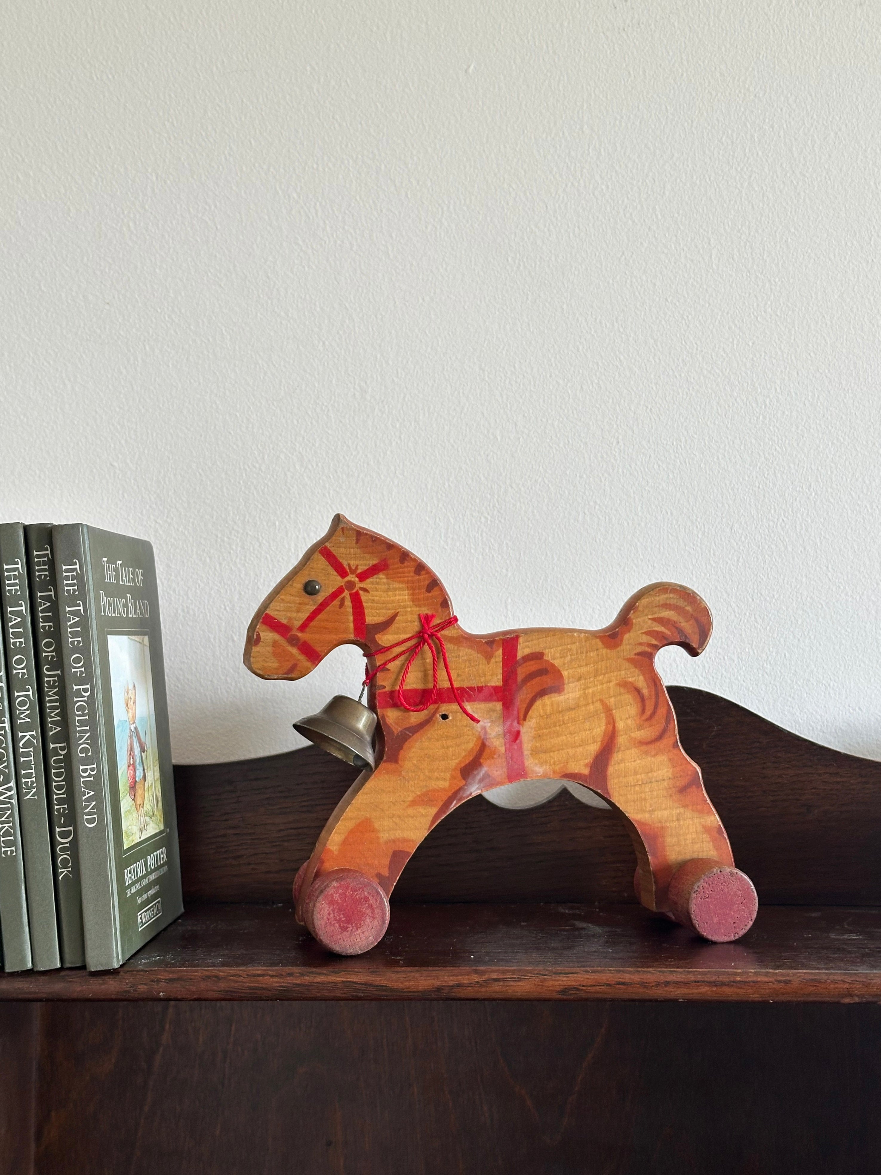Vintage Austrian 1930s rare wooden pull-along horse with bell