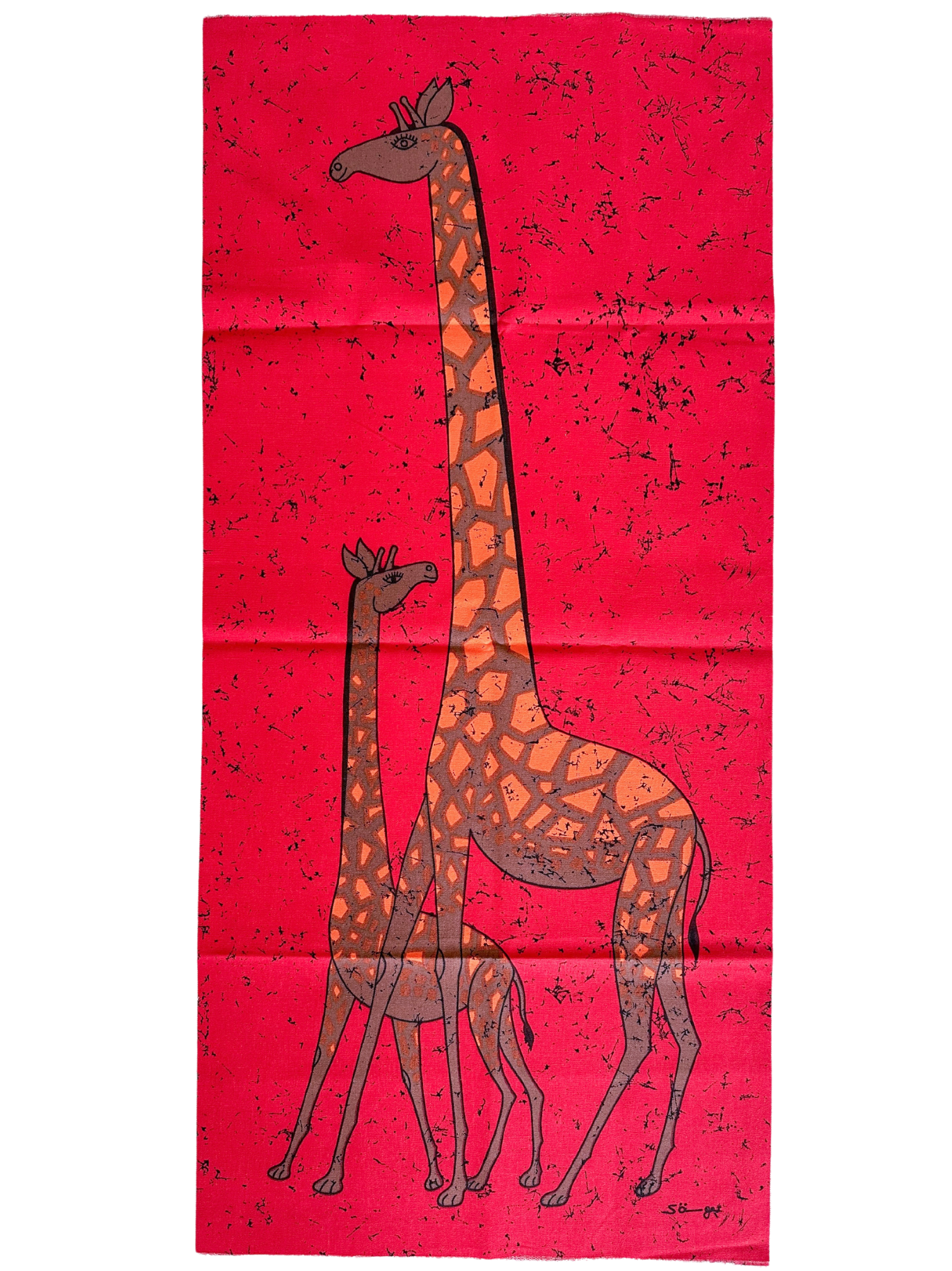 Vintage German 1950s pop art giraffe and calf hand-screen-printed wall hanging, artist signed cotton wall panel - Moppet