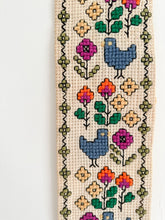 Load image into Gallery viewer, Vintage Scandinavian needlepoint embroidery wall hanging featuring birds and flowers, blue, yellow, purple and orange - Moppet
