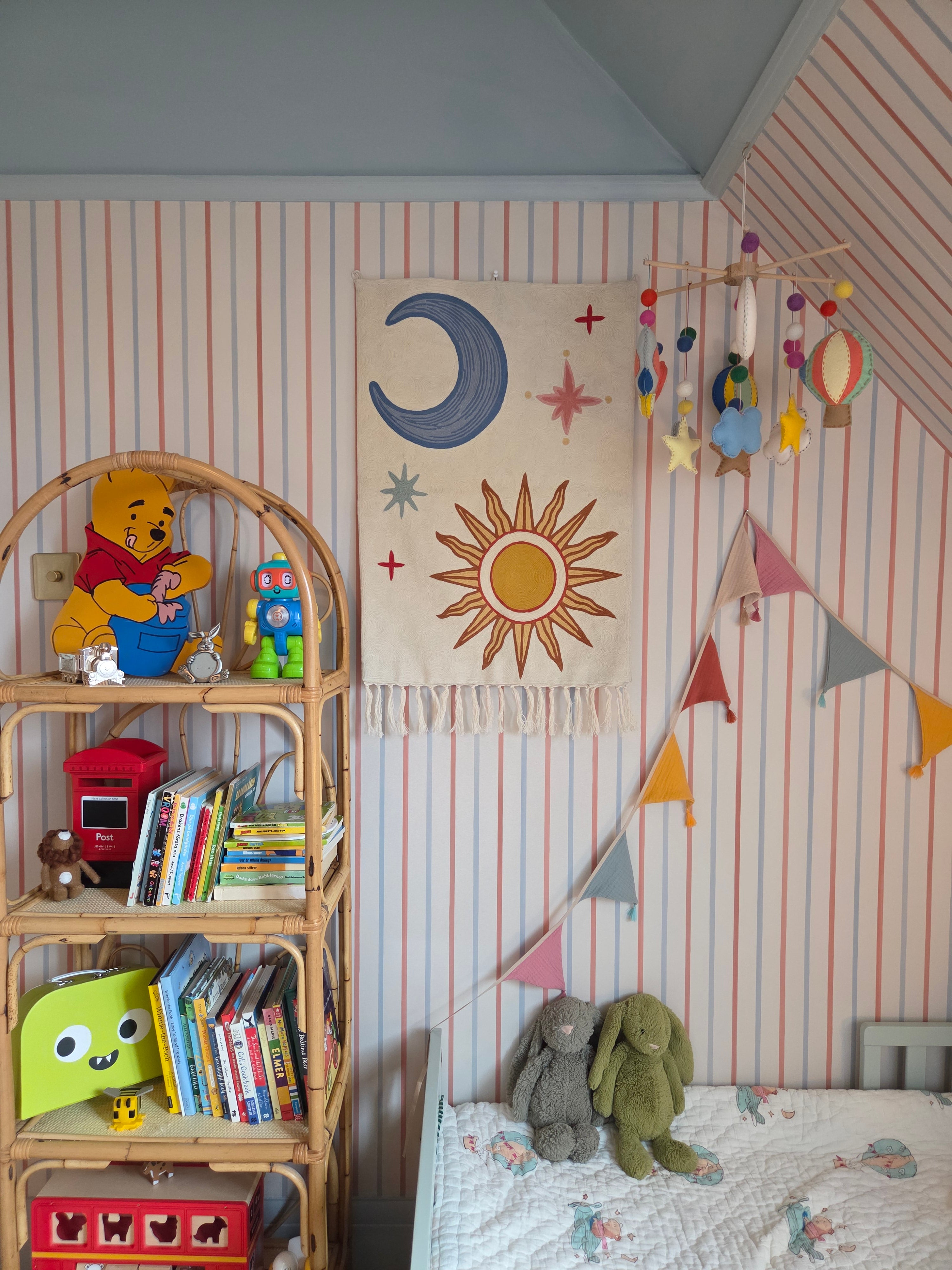 Handmade folk art Celestial Sphere (Sun & Moon) crewel wall hanging tapestry | Aru | PREORDER - Moppet