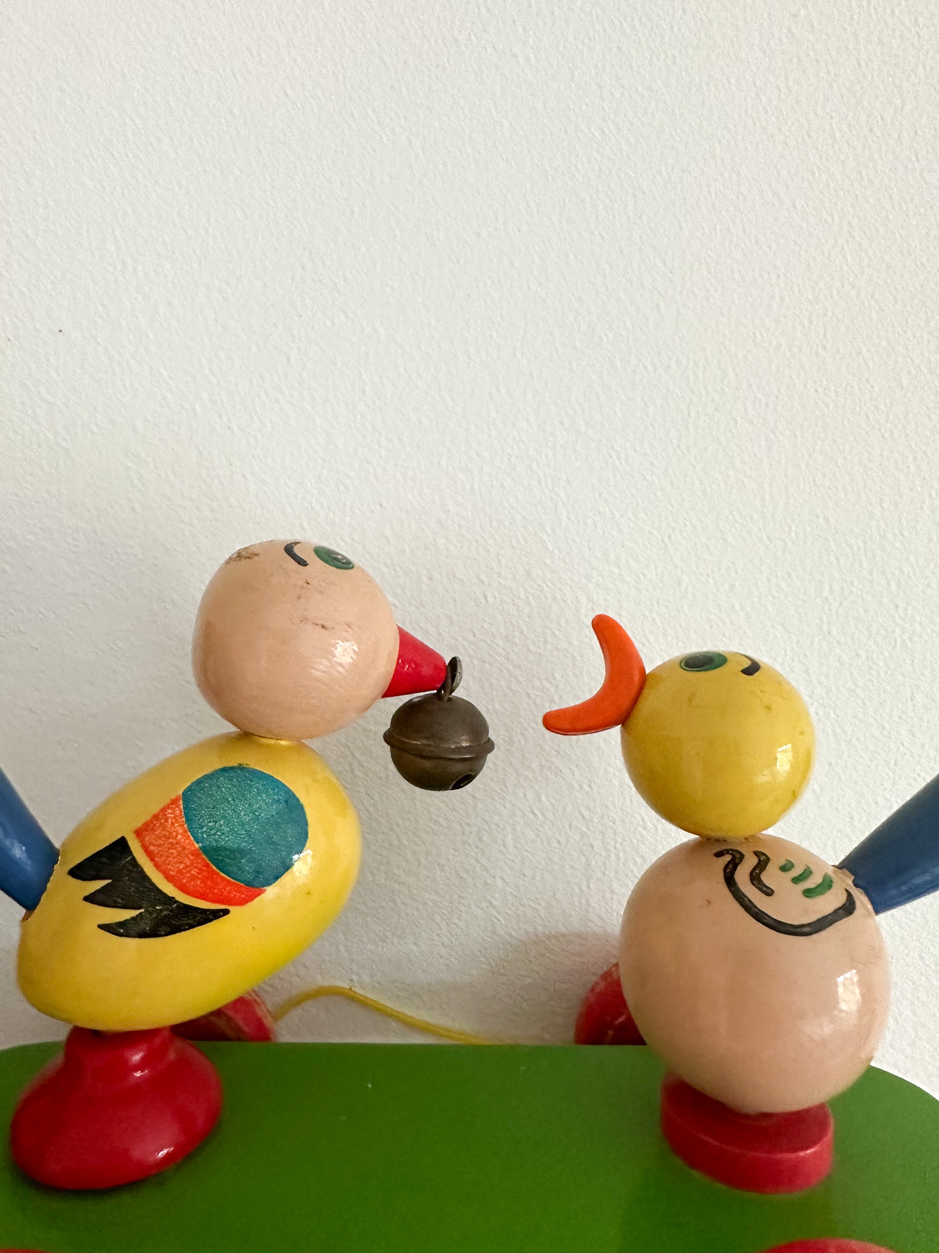 Vintage 1950s Swedish wooden mother and baby bird pull-along toy, by BRIO - Moppet