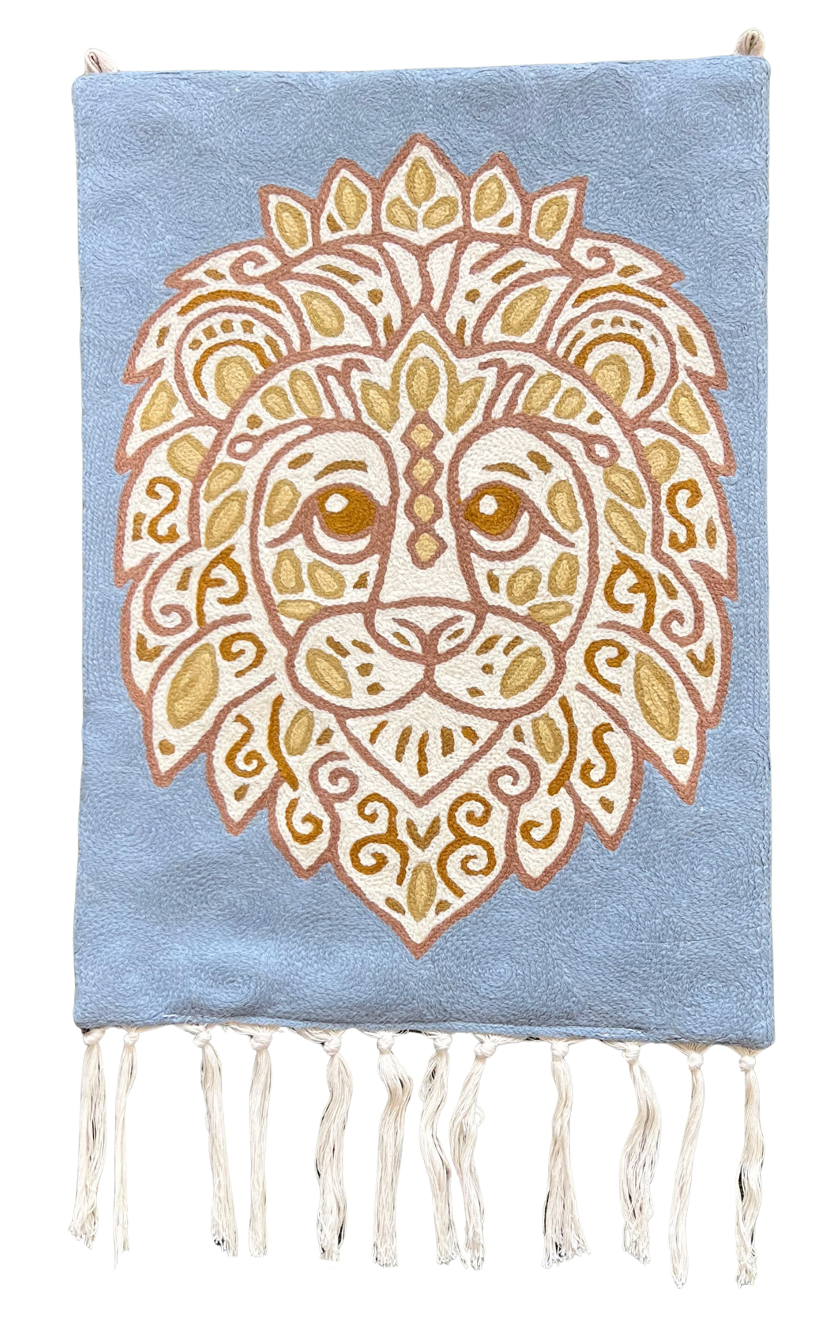 Moppet Lion tapestry by Suru featuring a detailed lion design, ideal for wall decor in a stylish living space.