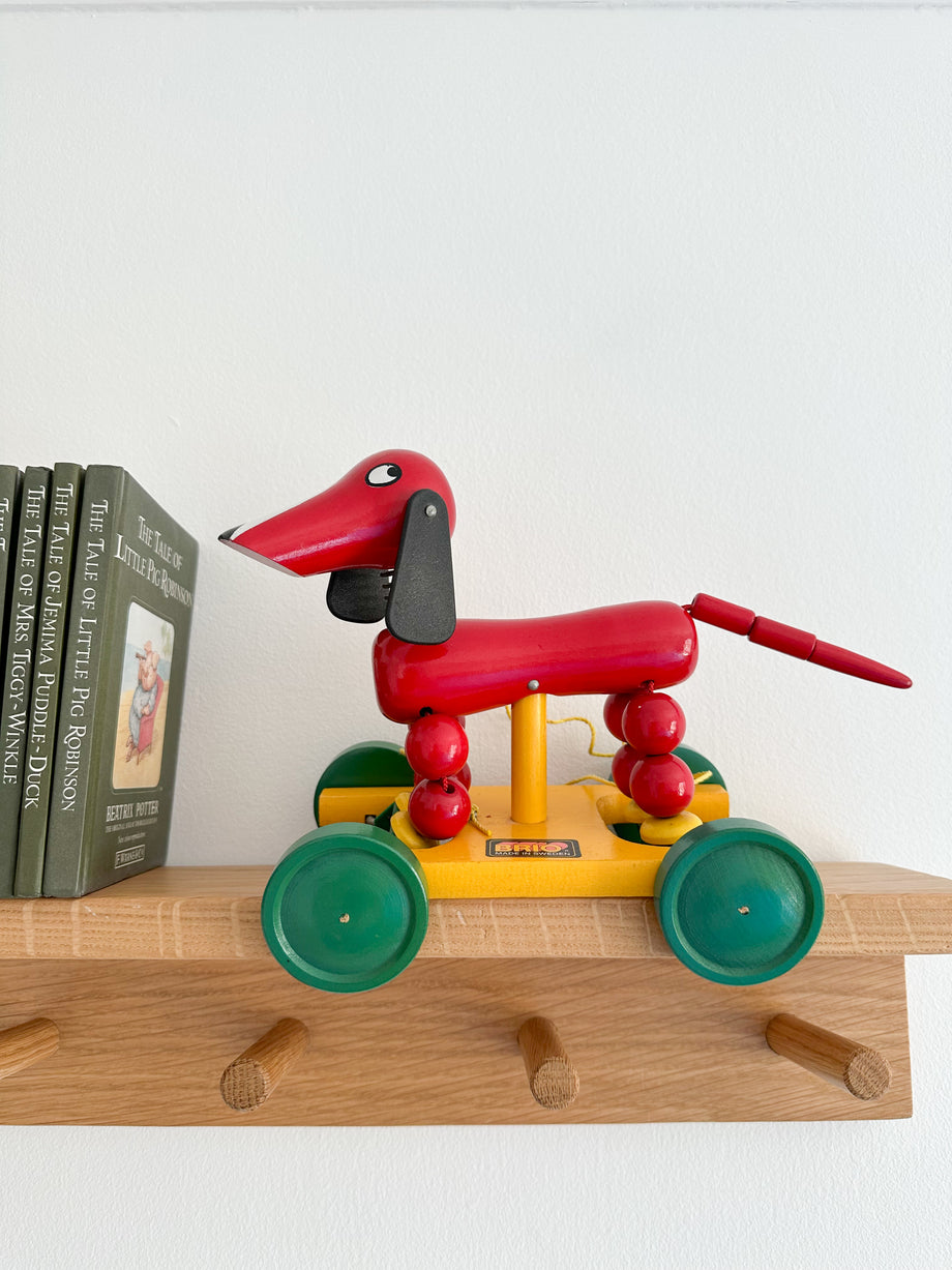 Vintage 1950s Swedish wooden red dachshund sausage dog pull-along