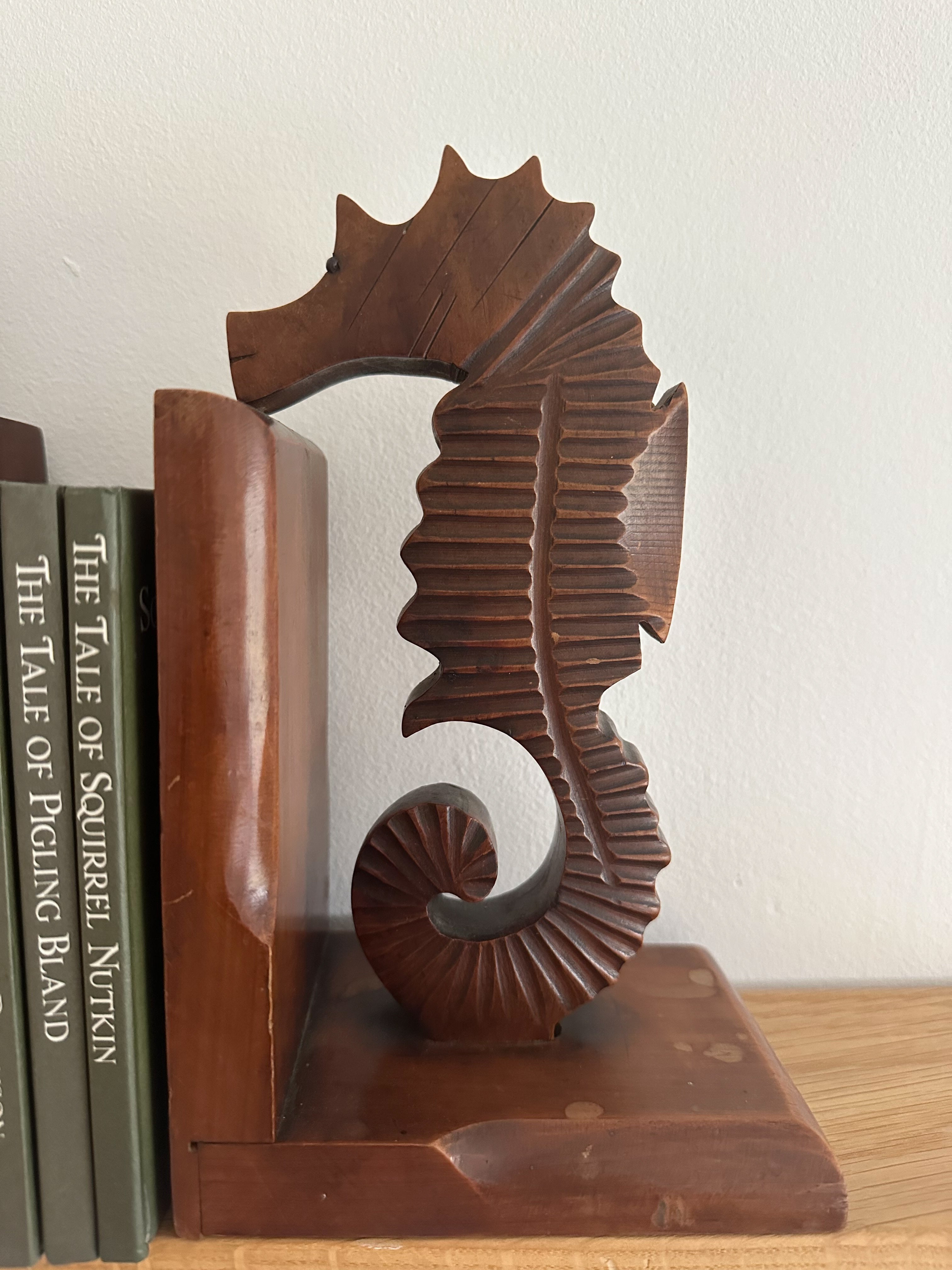 Pair of 1930s rare vintage hand-carved wooden Art Deco seahorse bookends (ocean/sealife/fish) - Moppet