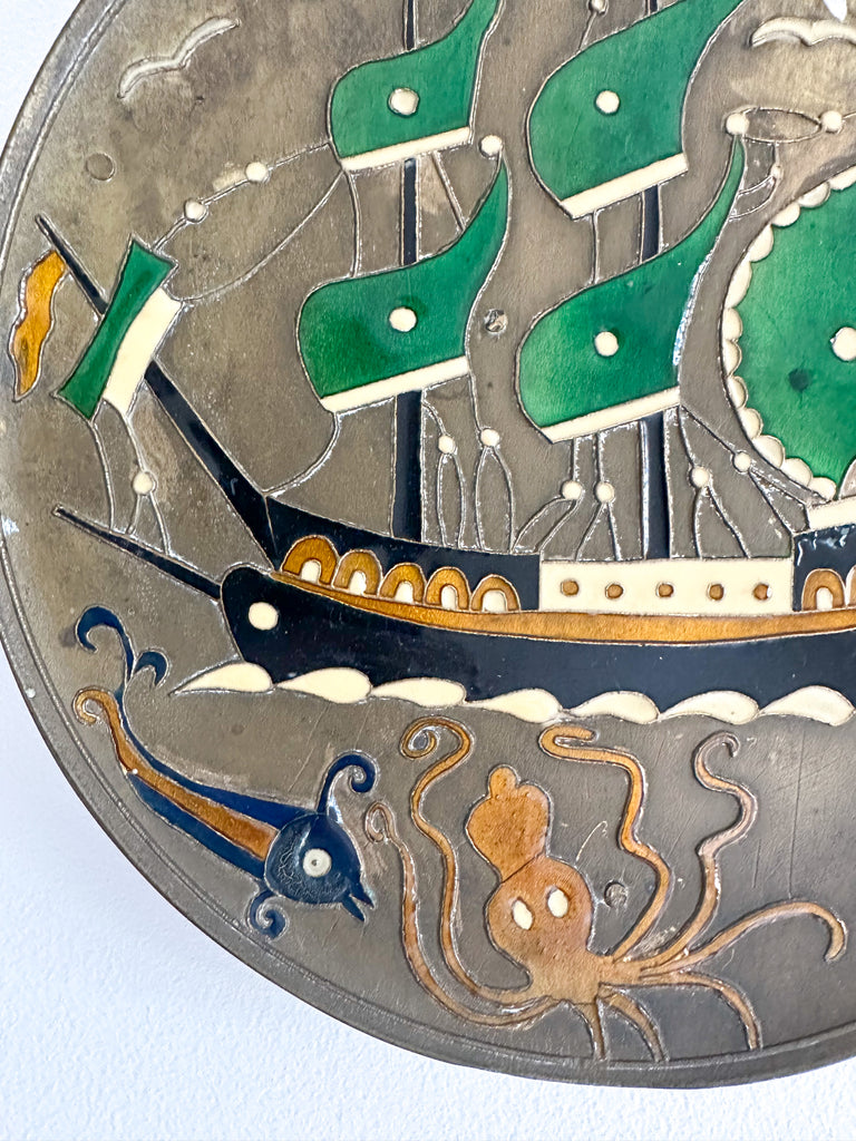 Vintage Greek brass enamelled wall-hanging plate featuring a ship - Moppet