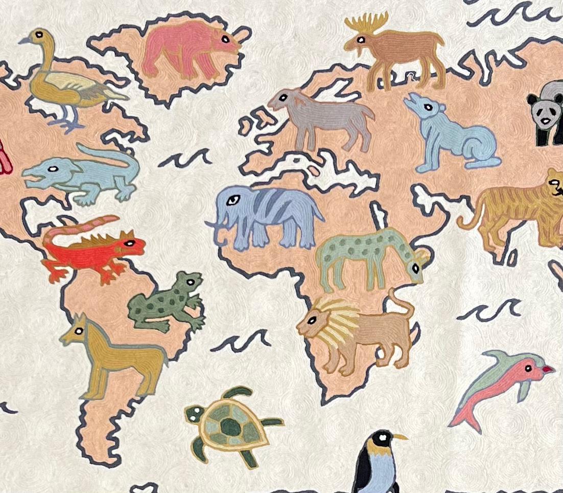 Handmade folk art World Map crewel wall hanging tapestry | Sumbal - Moppet