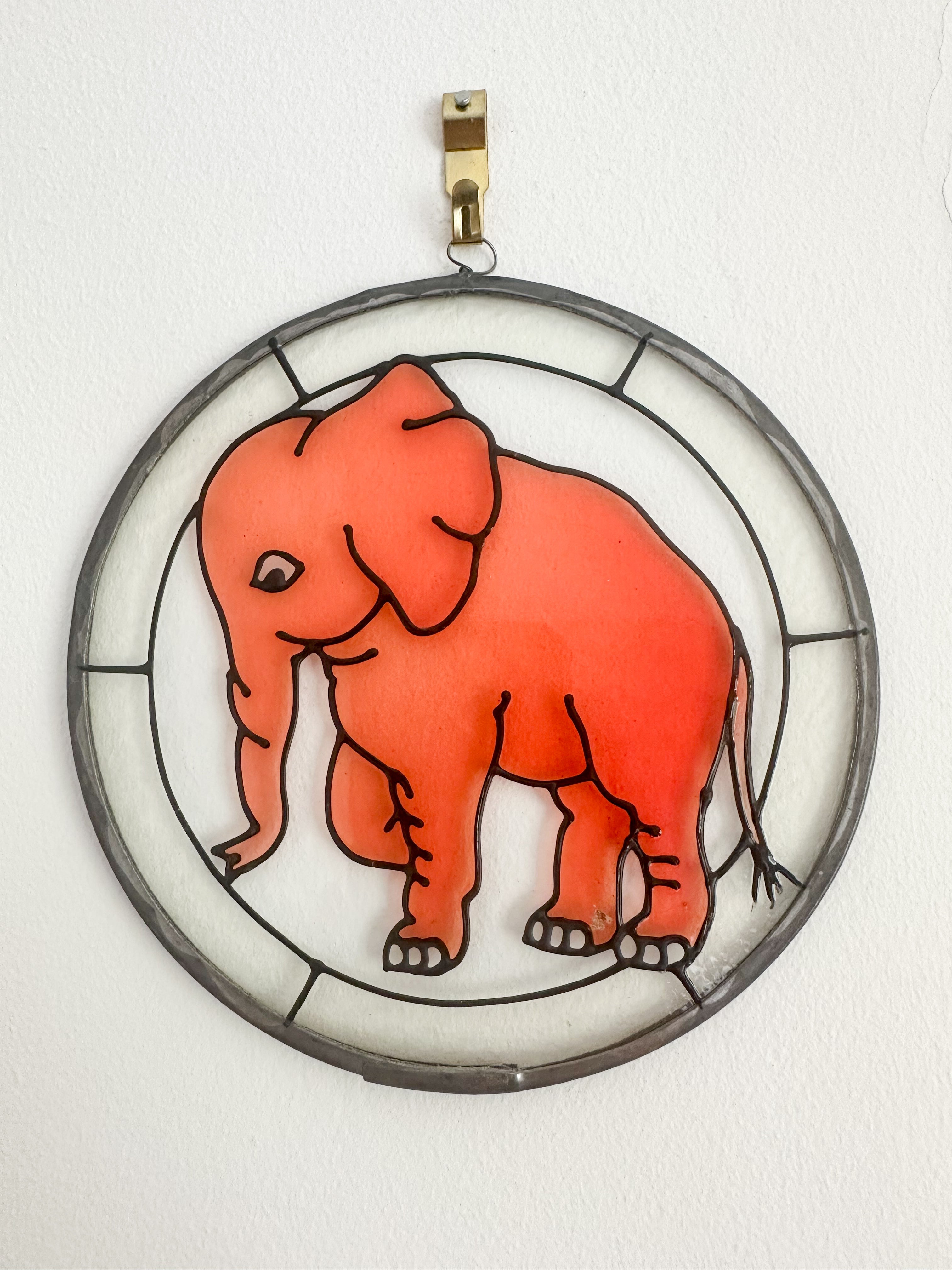 Vintage 1960s elephant stained glass wall panel sun catcher - Moppet
