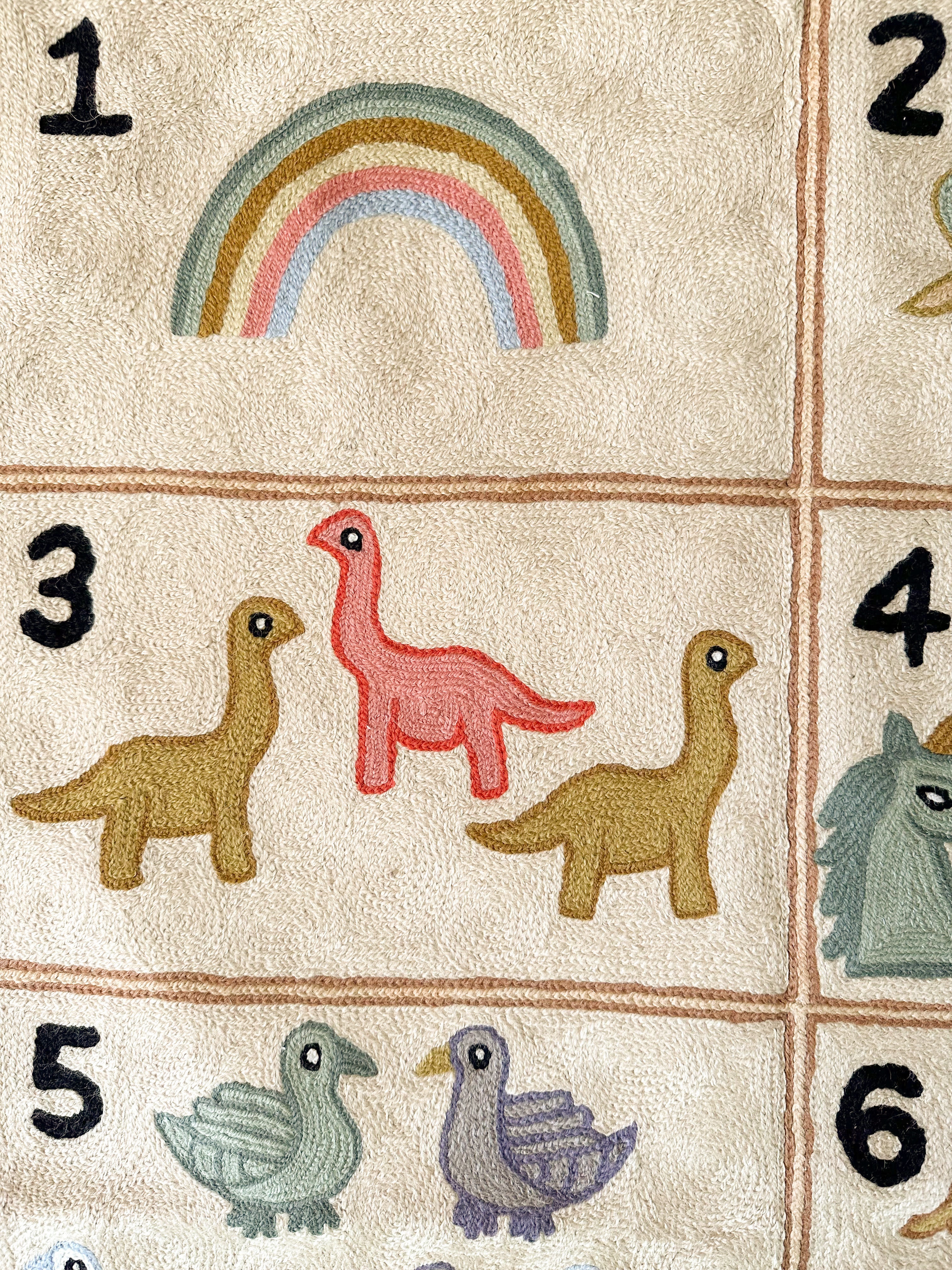 Handmade numbers 123 crewel wall hanging tapestry (feat. dinosaurs, unicorns, flowers, cars, trains and rainbows) | Suru - Moppet