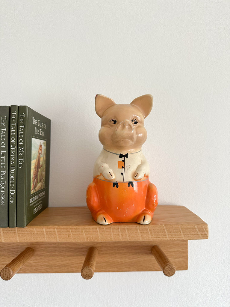 Vintage 1920s ceramic collectable ‘Mr Pig’ piggy bank or money box, by Ellgreave, small with orange trousers - Moppet