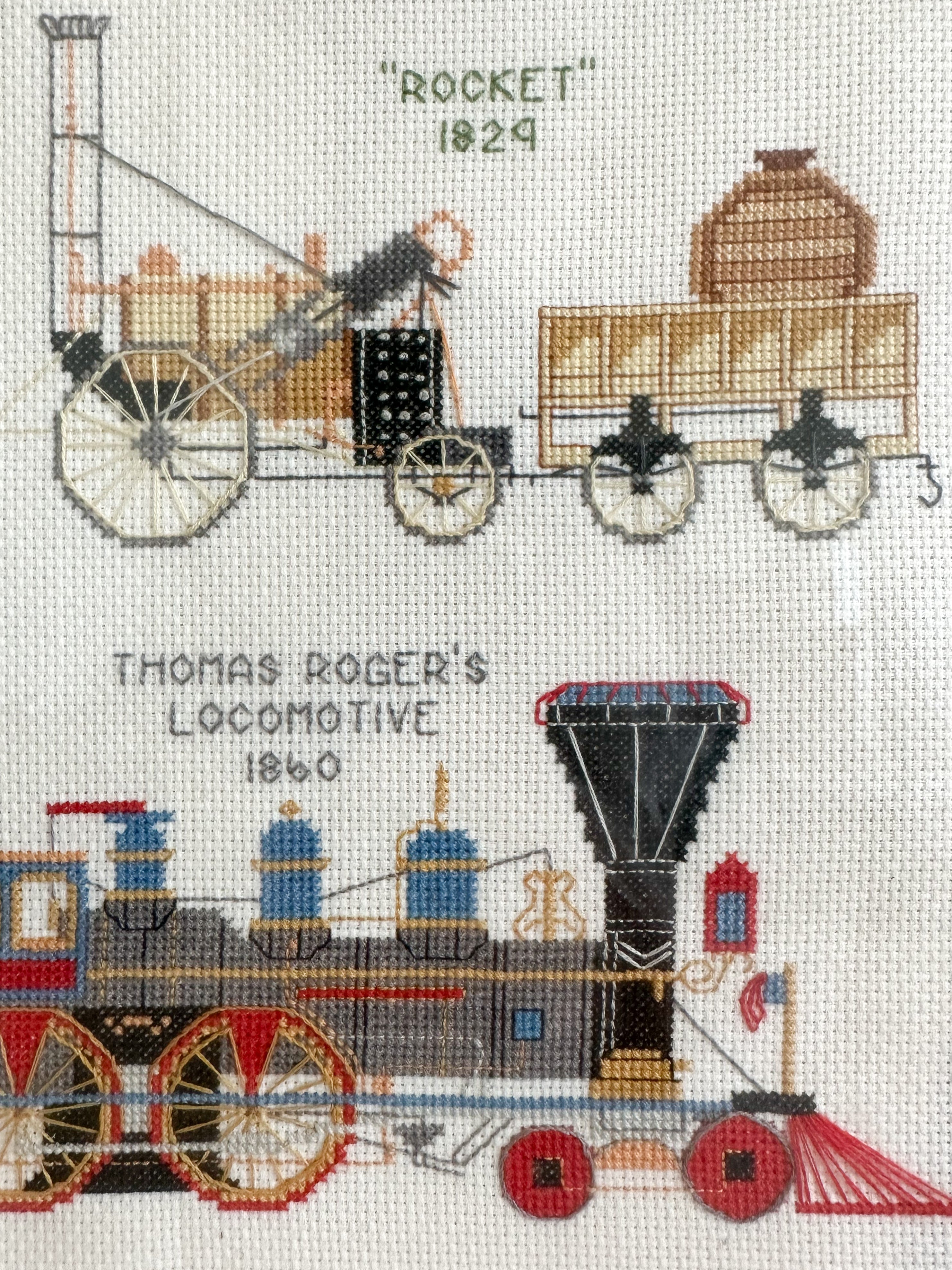 Vintage framed cross stitch of a collection of steam trains / locomotives - Moppet
