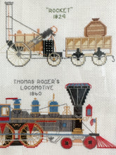 Load image into Gallery viewer, Vintage framed cross stitch of a collection of steam trains / locomotives - Moppet

