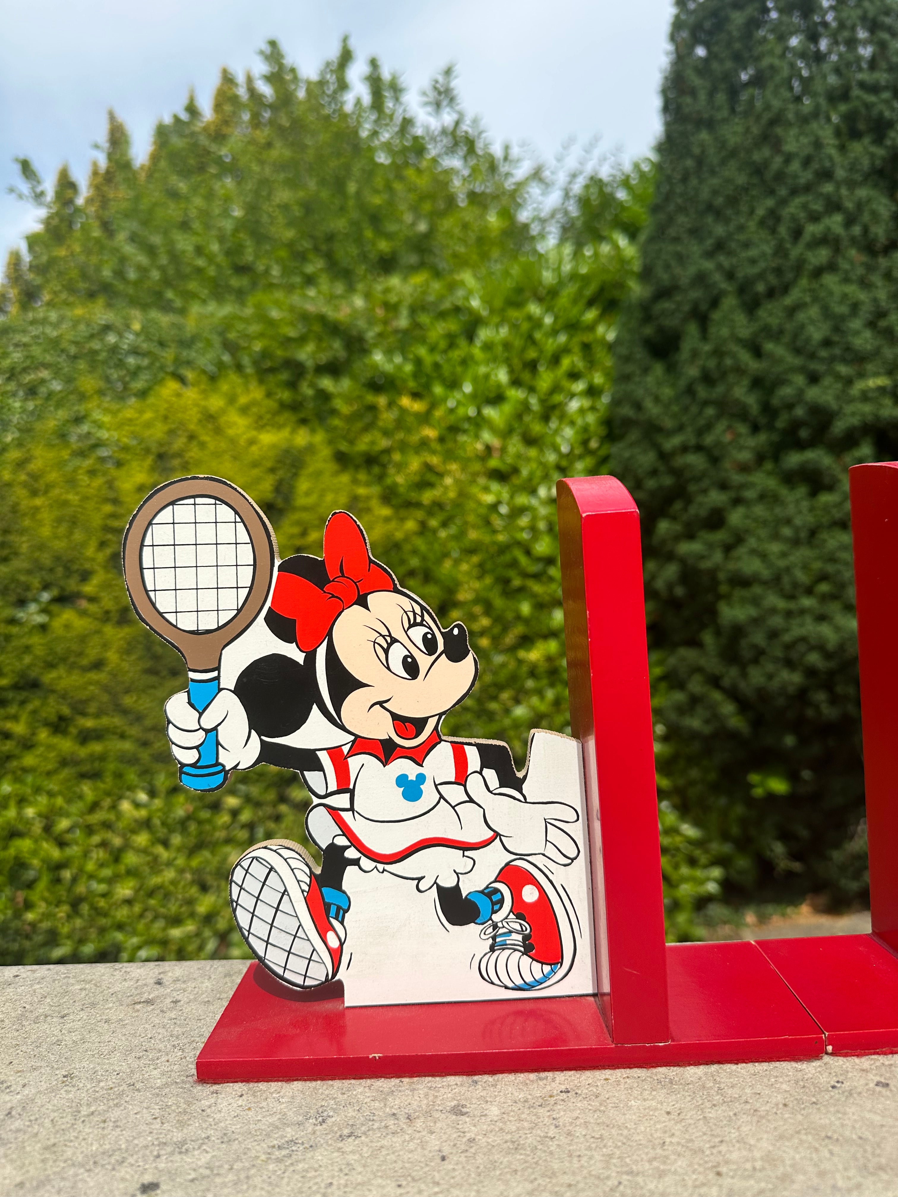 Pair of rare vintage French wooden Mickey Mouse & Minne Mouse playing tennis Disney bookends, by Vilac - Moppet