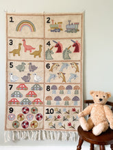 Load image into Gallery viewer, Handmade numbers 123 crewel wall hanging tapestry (feat. dinosaurs, unicorns, flowers, cars, trains and rainbows) | Suru - Moppet
