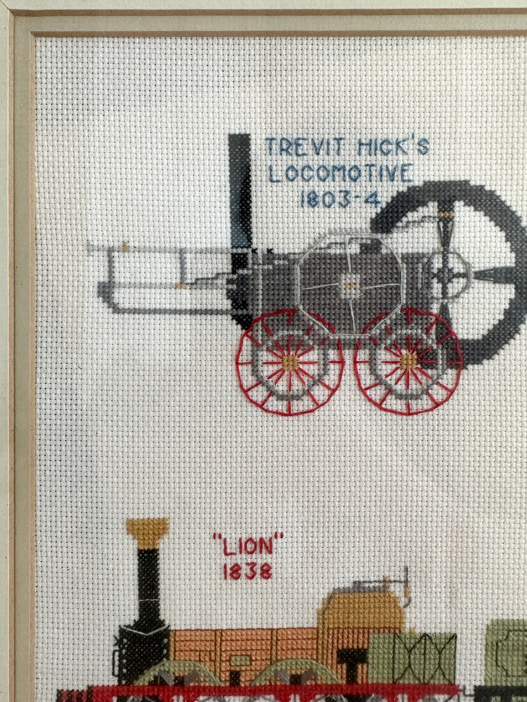Vintage framed cross stitch of a collection of steam trains / locomotives - Moppet