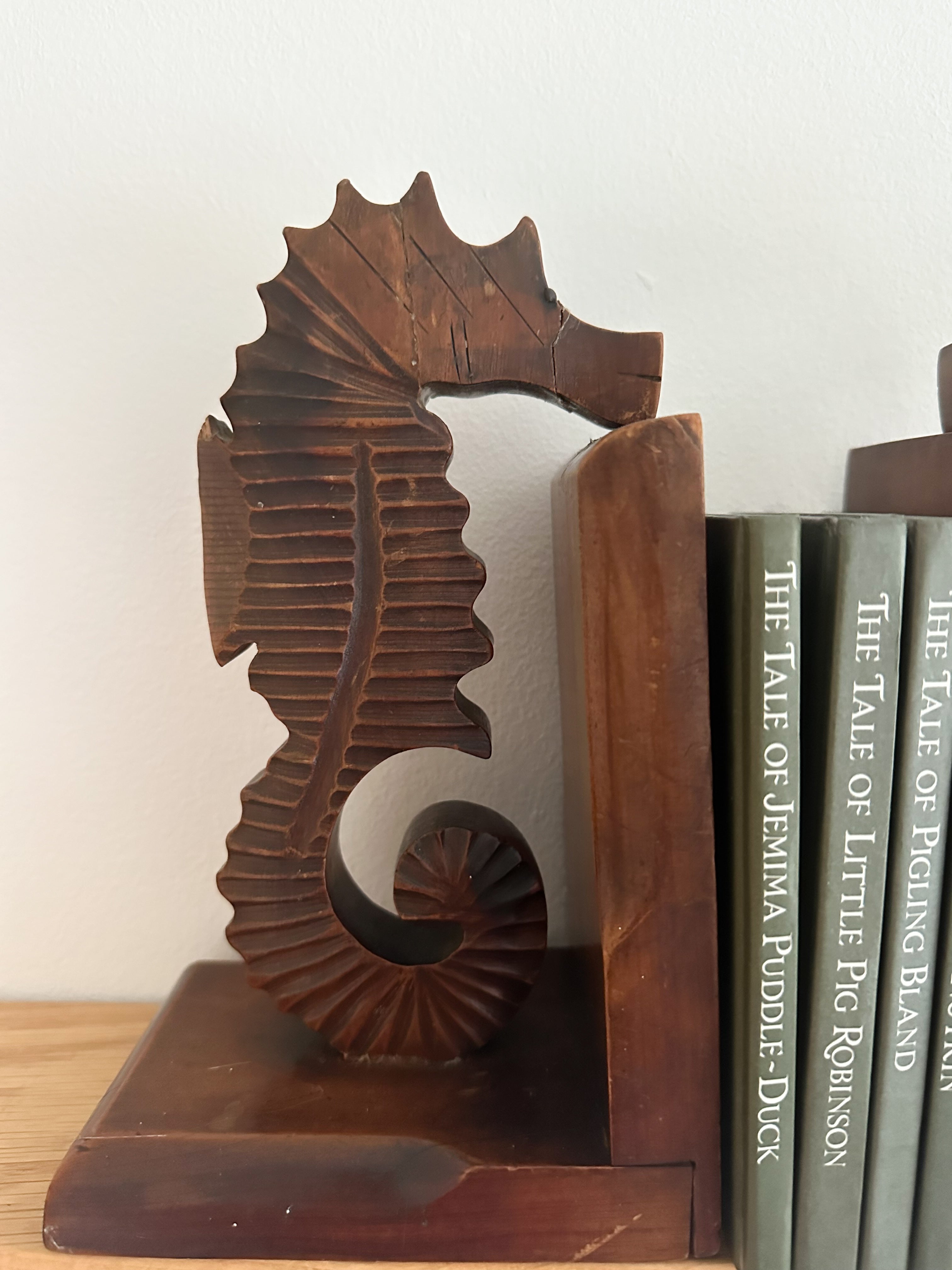 Pair of 1930s rare vintage hand-carved wooden Art Deco seahorse bookends (ocean/sealife/fish) - Moppet