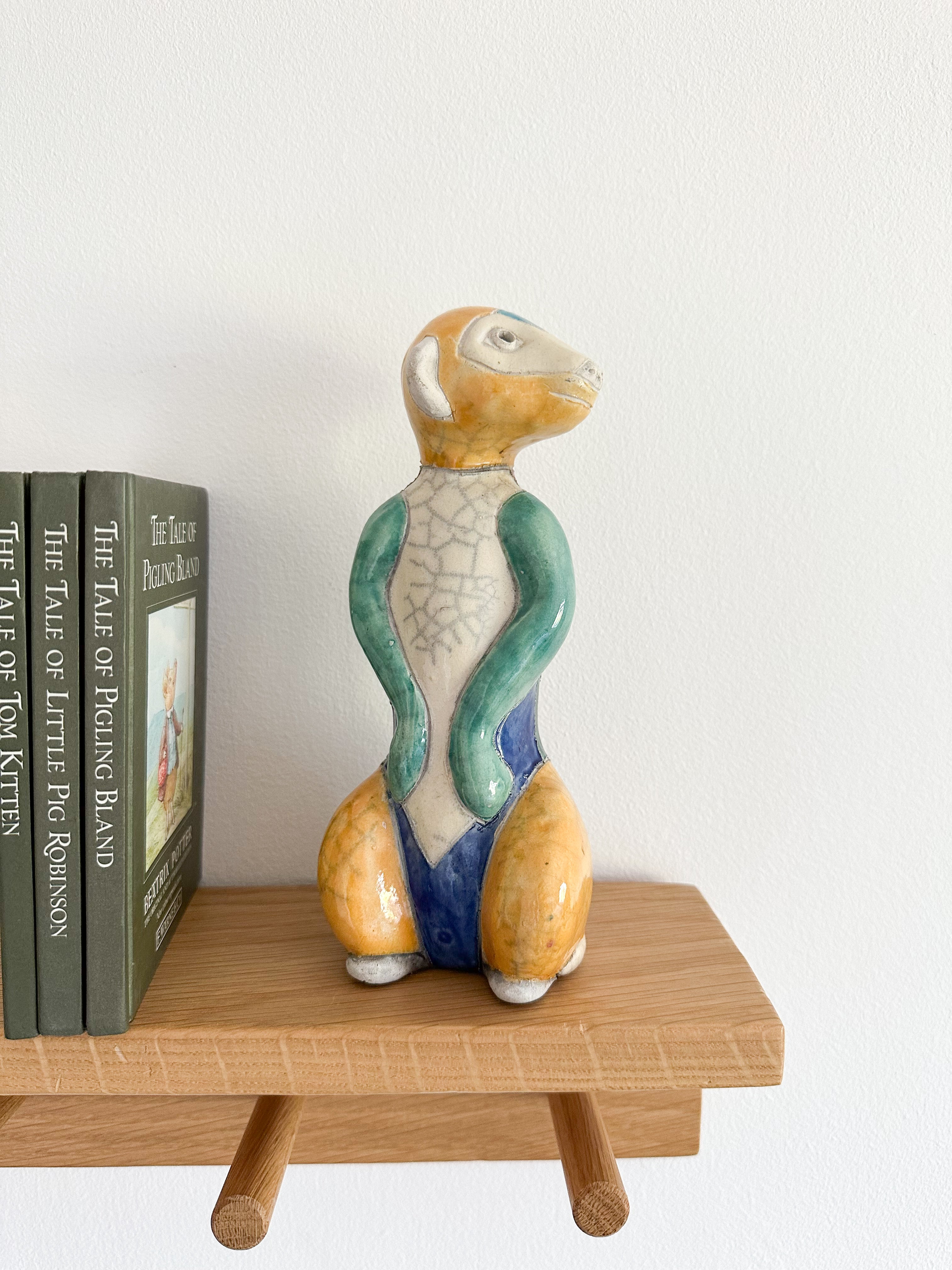 Vintage 1980s South African raku ceramic meerkat, artist signed - Moppet
