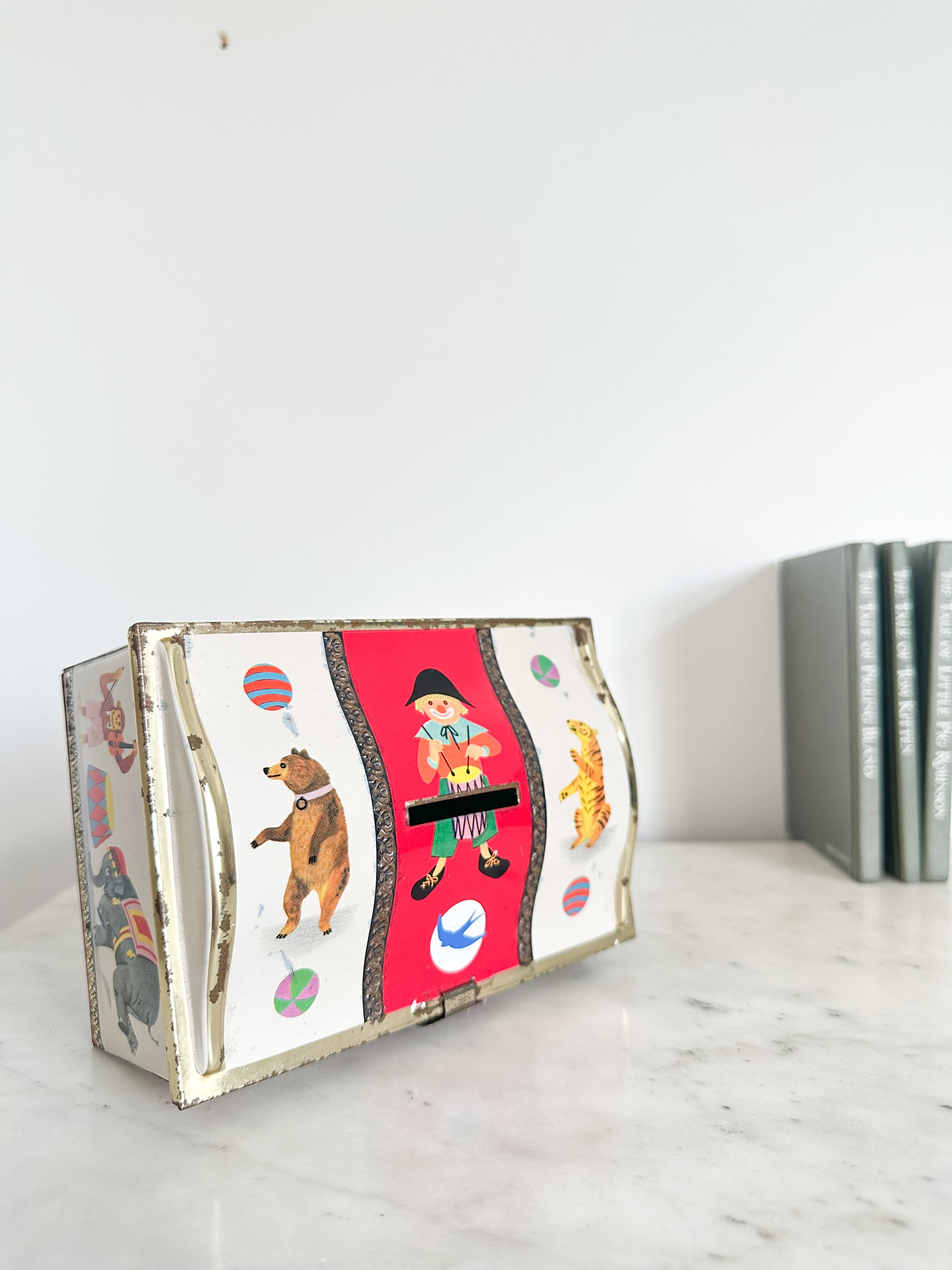 Vintage 1950s circus treasure chest tin money box / piggy bank by Bluebird Toffee - Moppet