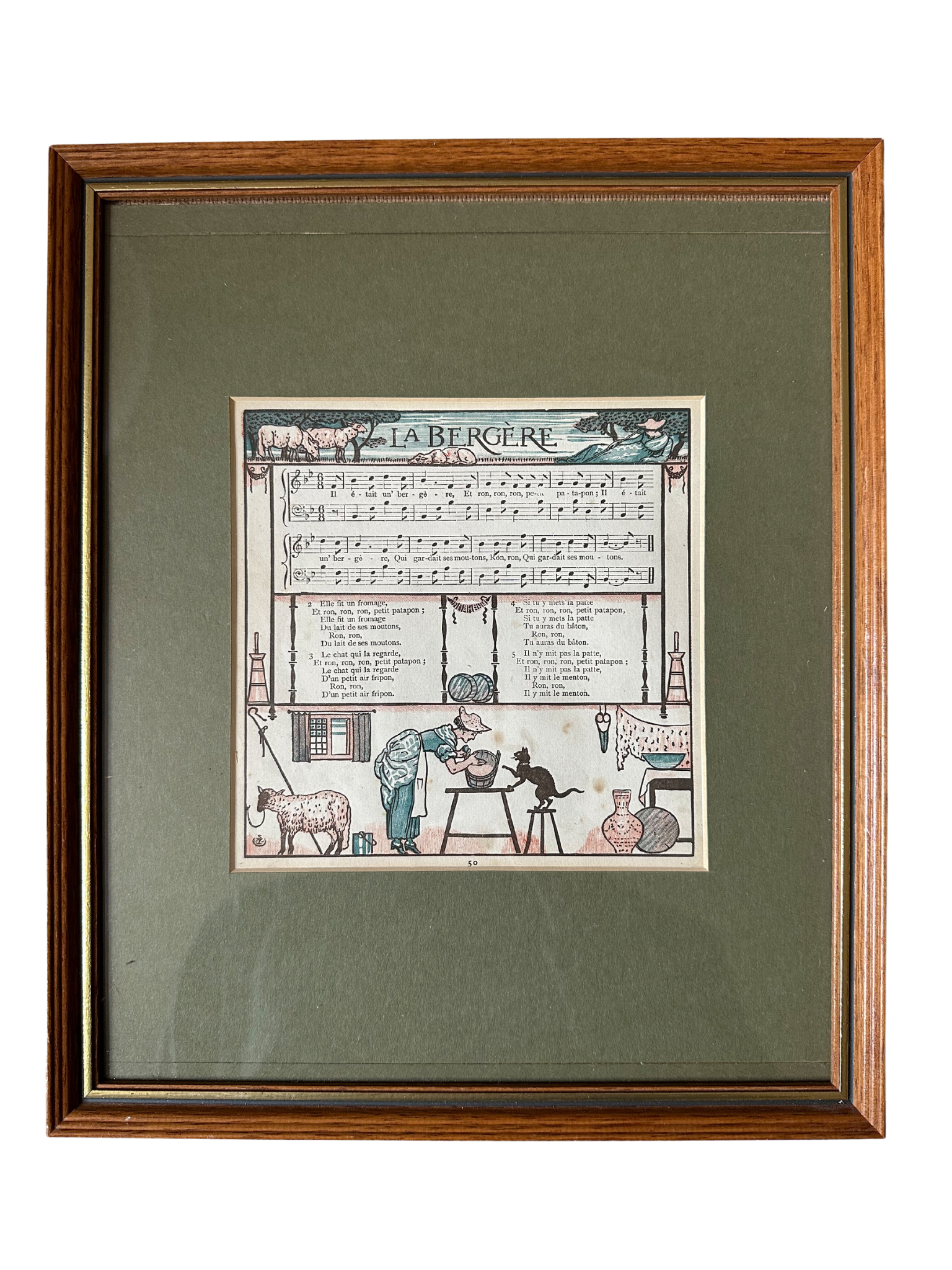 Vintage French framed print of children's song 'La Bergère' ('The Shepherdess'), with green mount - Moppet
