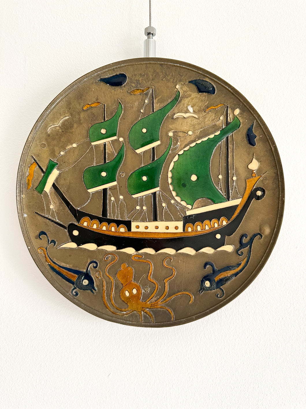 Vintage Greek brass enamelled wall-hanging plate featuring a ship - Moppet