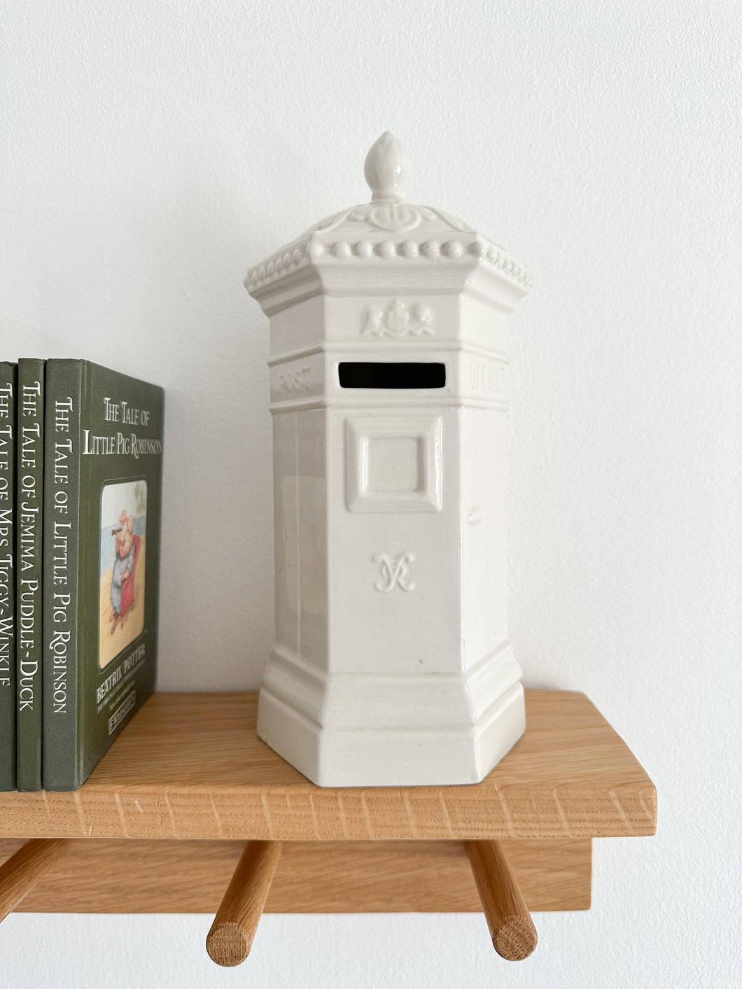 Vintage rare ceramic hexagonal ‘Penfold’ white post box money box, by Honiton Pottery, England - Moppet