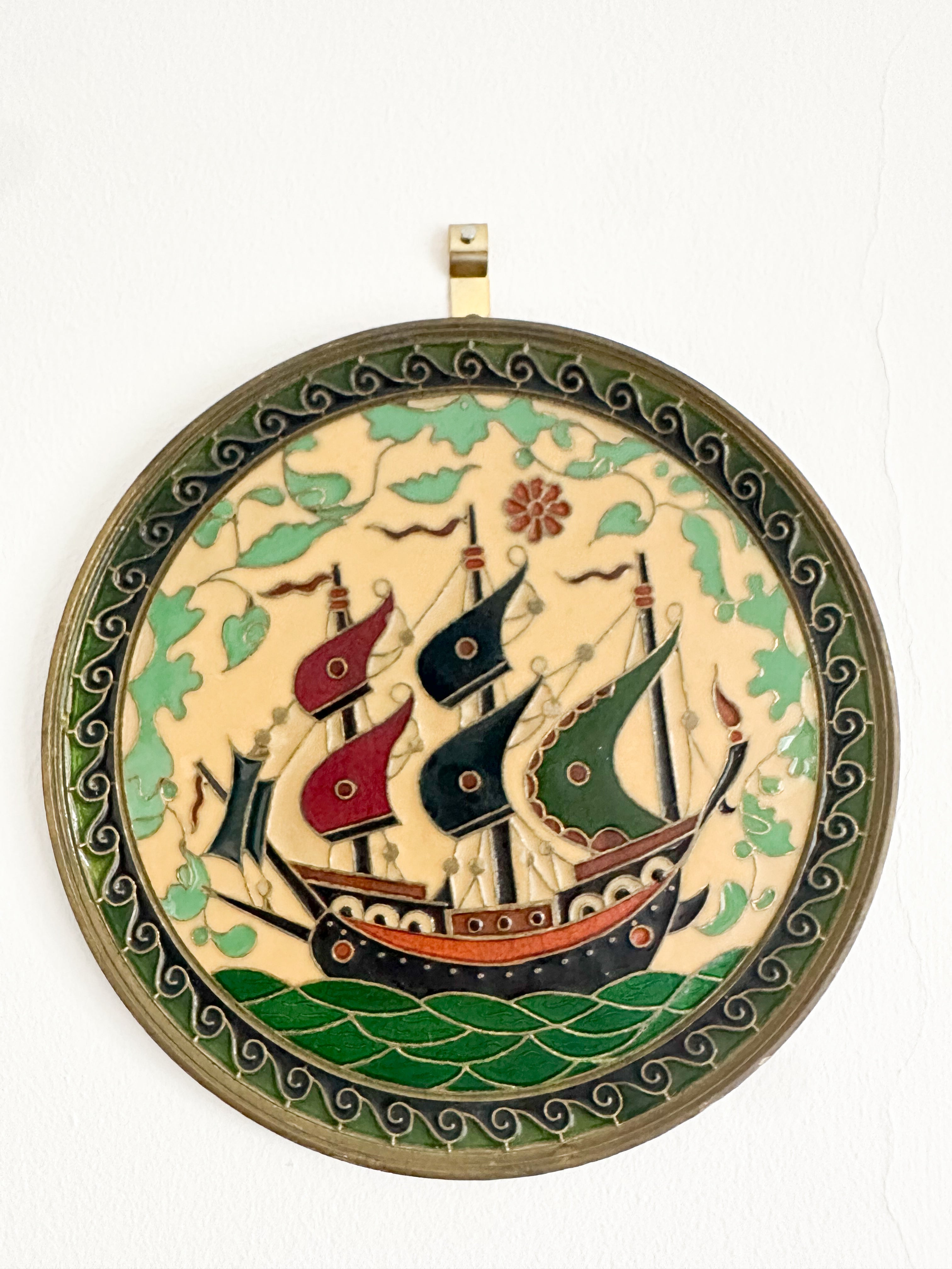 Vintage Greek brass enamelled plate featuring a ship