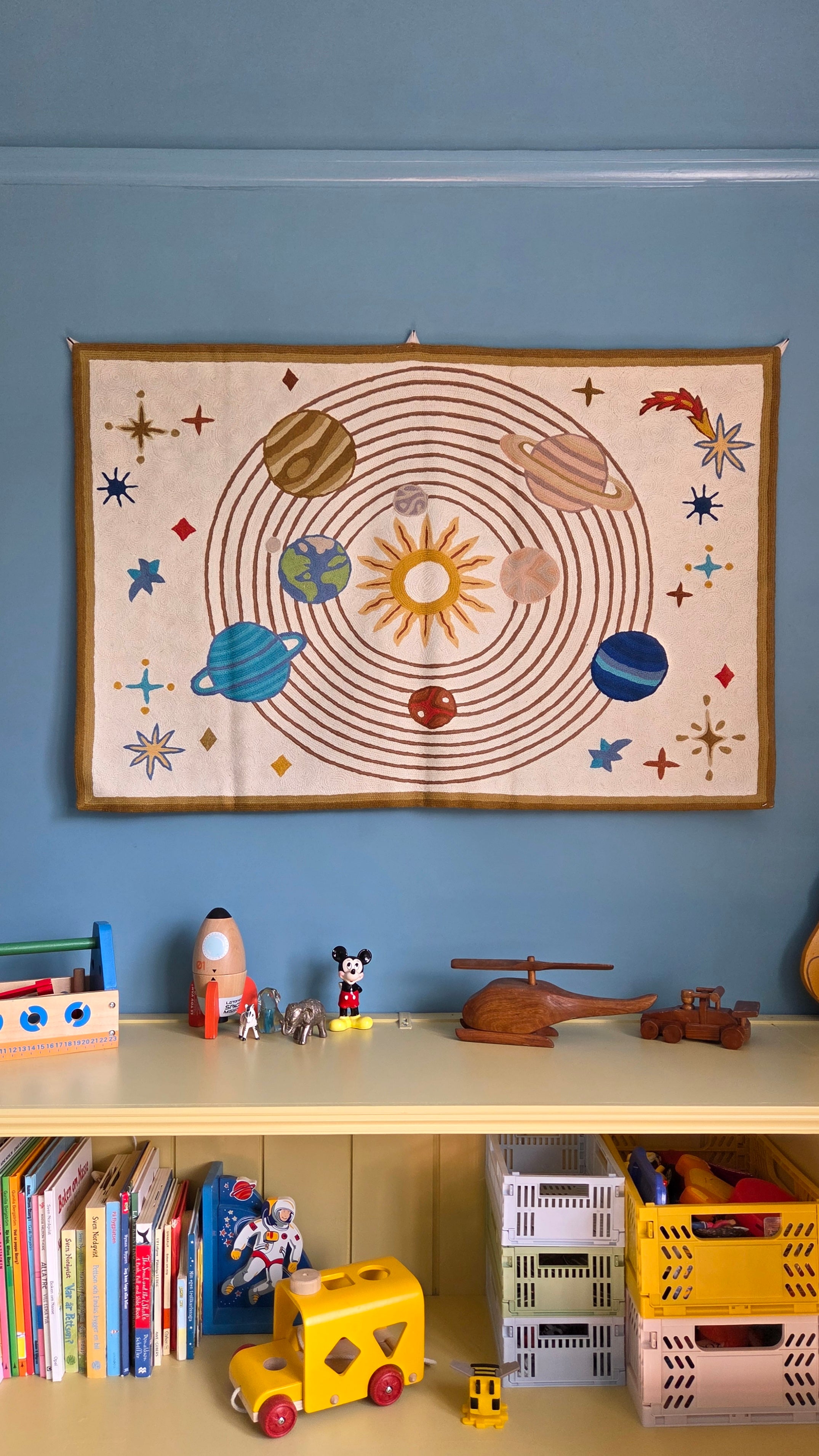 Handmade folk art Solar System crewel wall hanging tapestry | Delina - Moppet