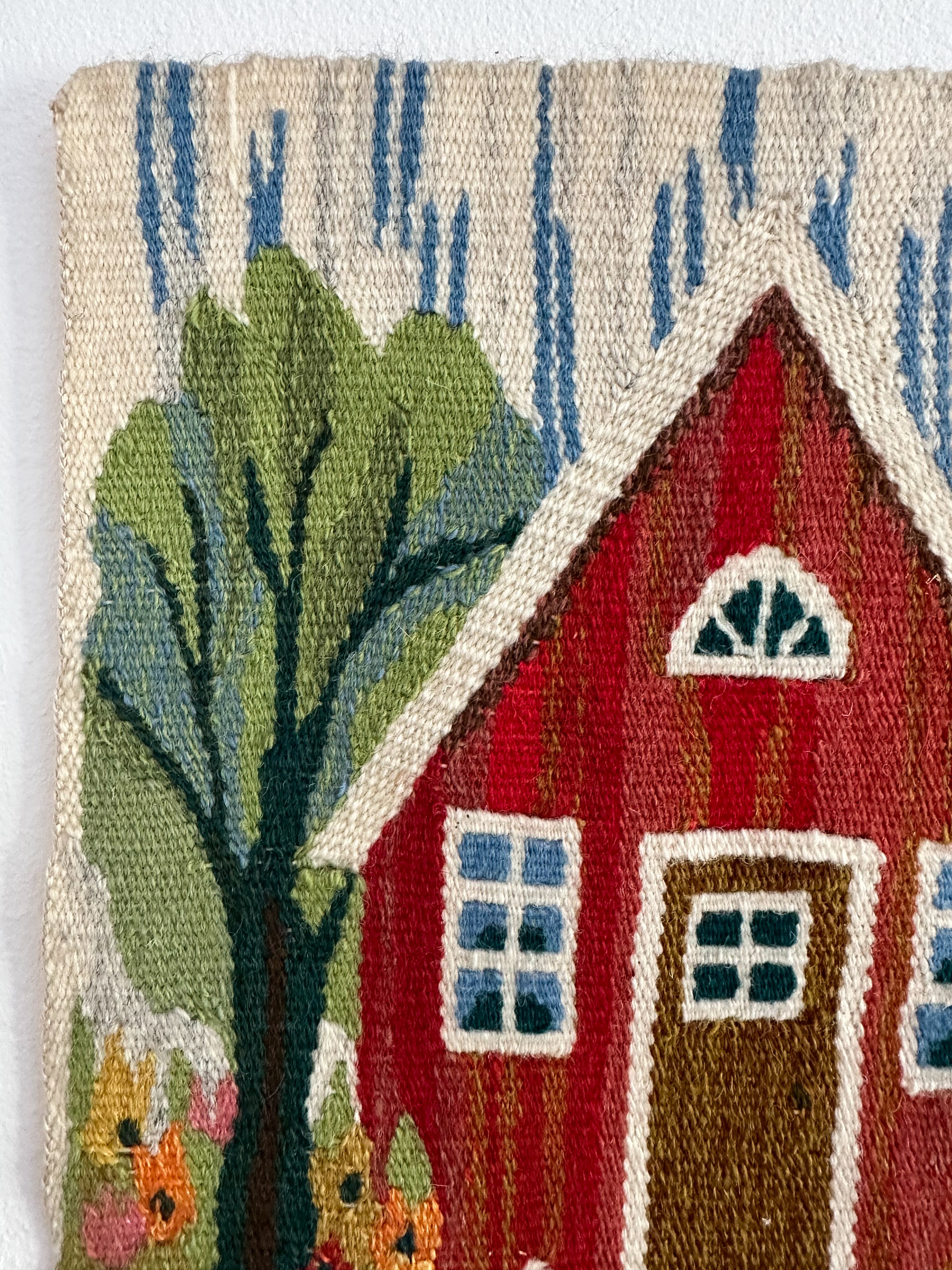 Vintage mid-century Swedish wall-hanging tapestry panel depicting a house, hand woven Flemish weave twist stitch - Moppet