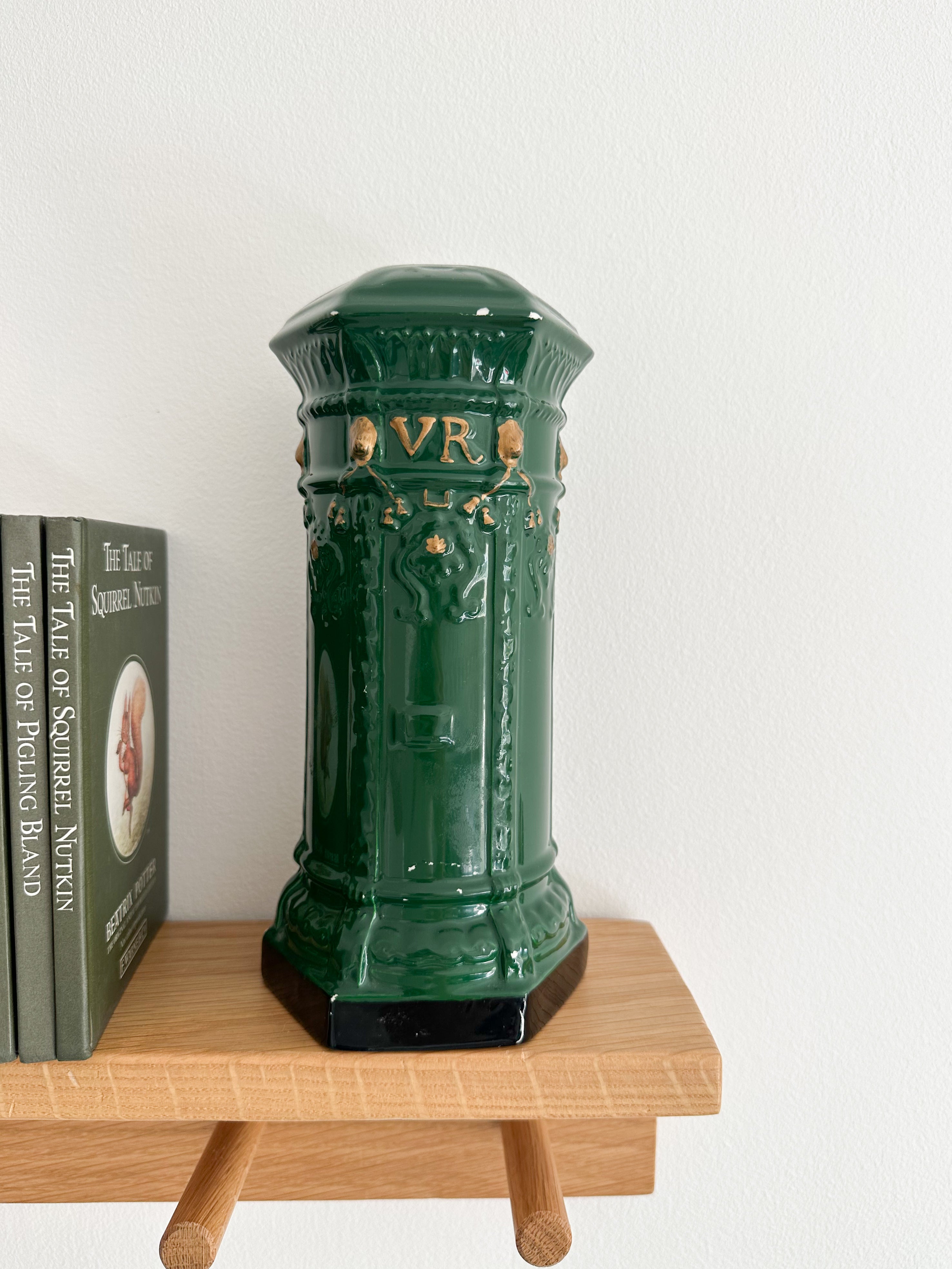 Vintage ceramic hexagonal ‘Penfold’ Victorian green post box money box, by Honiton England - Moppet