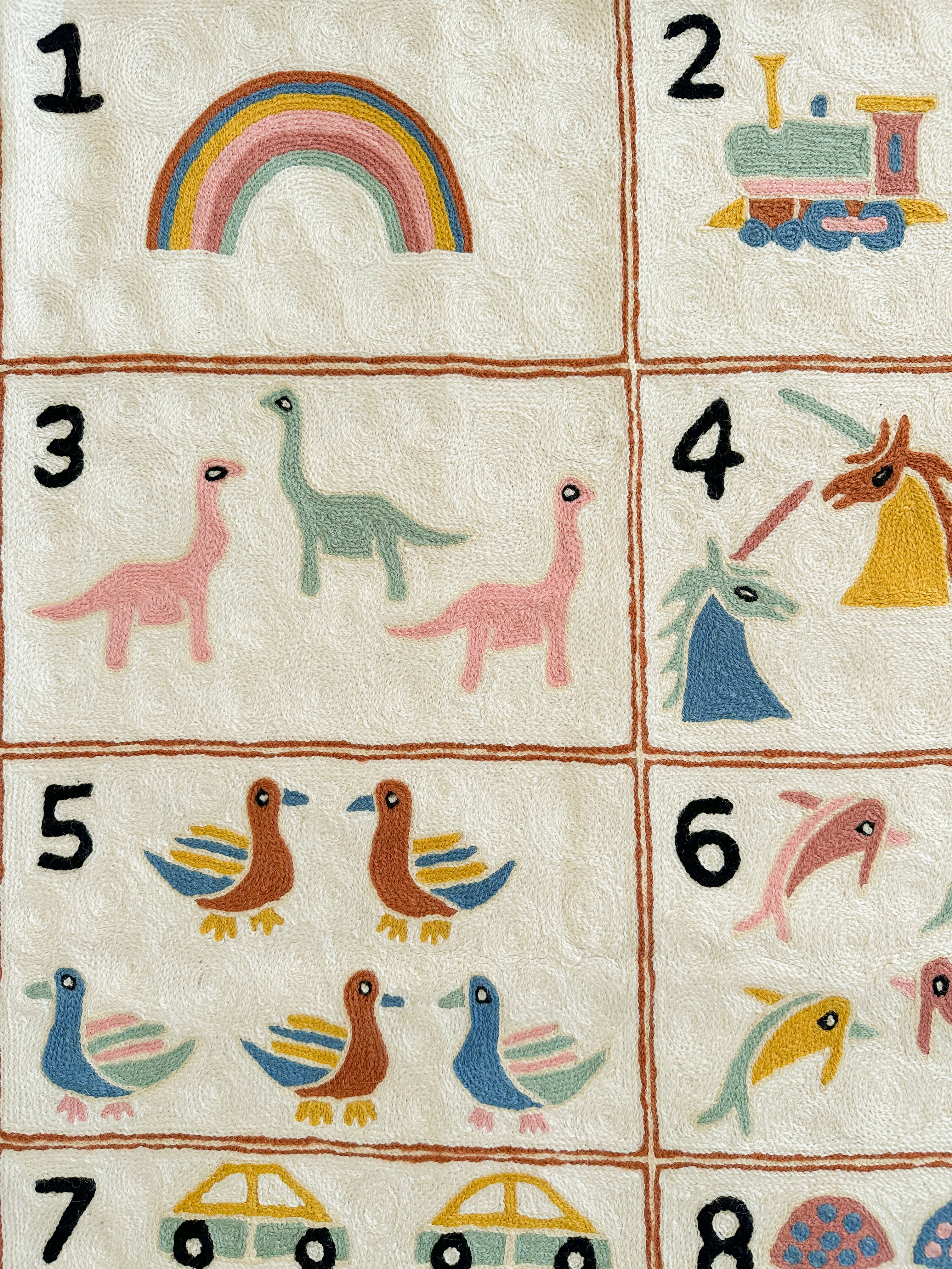 Handmade numbers 123 crewel wall hanging tapestry (feat. dinosaurs, unicorns, flowers, cars, trains and rainbows) | Aru - Moppet